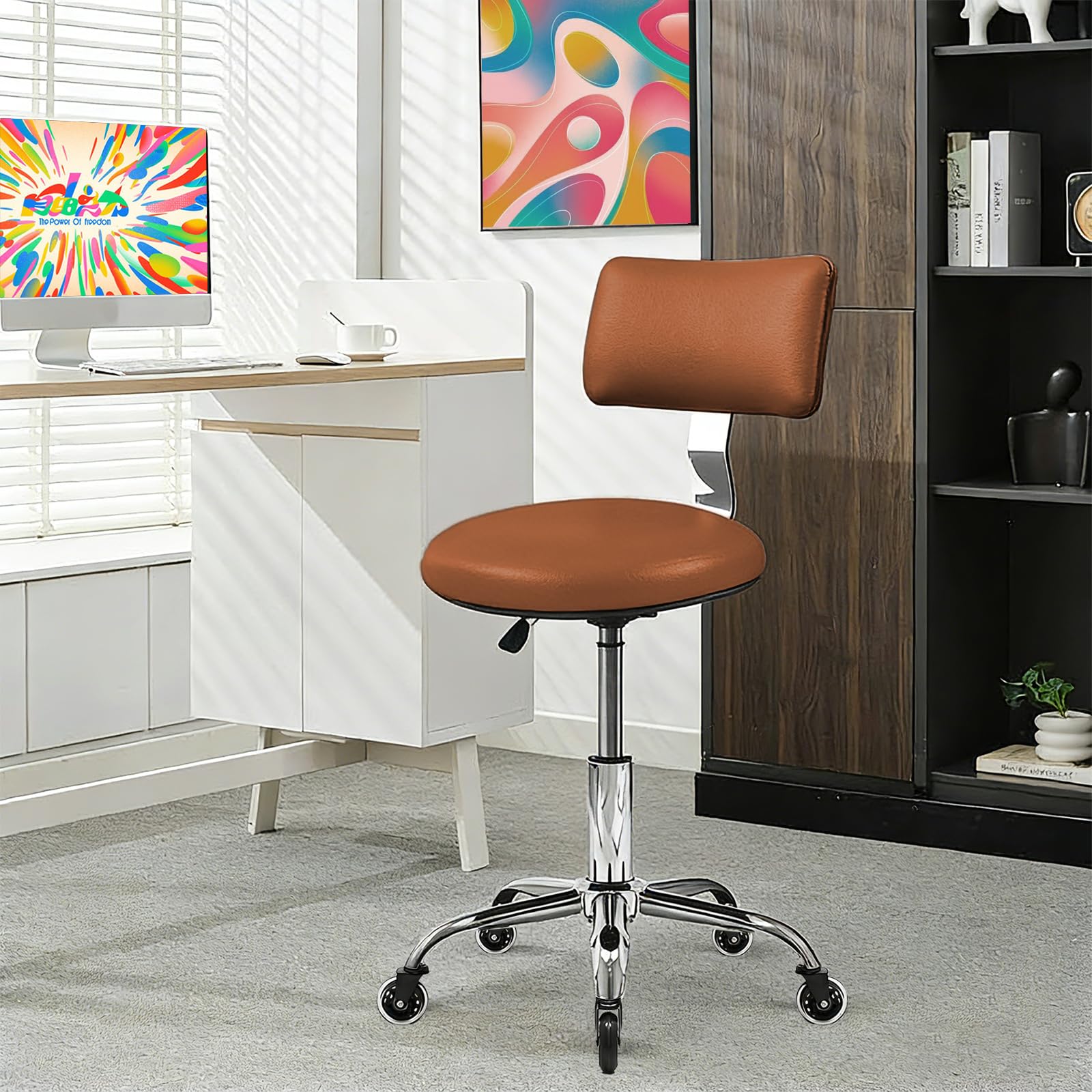 Rolling Stool Chair with Wheels, Office Drafting Chair with Back Support, Height Adjustable Standing Desk Stool with PU Leather 