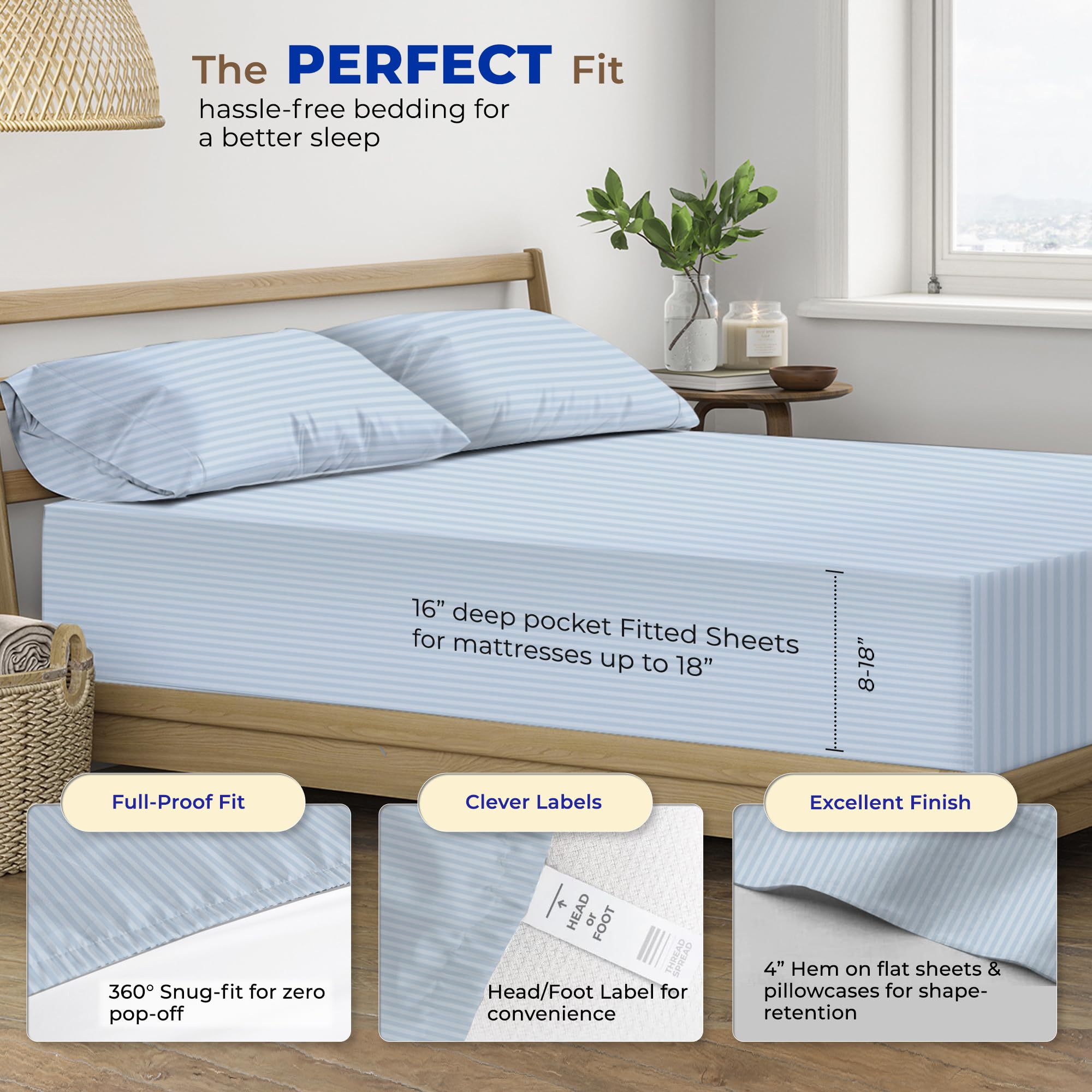 Thread Spread Luxury Egyptian Cotton Queen Stripe Sheet Set, 600 Thread Count Extra Long Staple 4 Pc Set, Queen Damask Sheets, Soft, Cooling Sateen Weave Sheets Upto 18' Deep Pocket - Light Blue