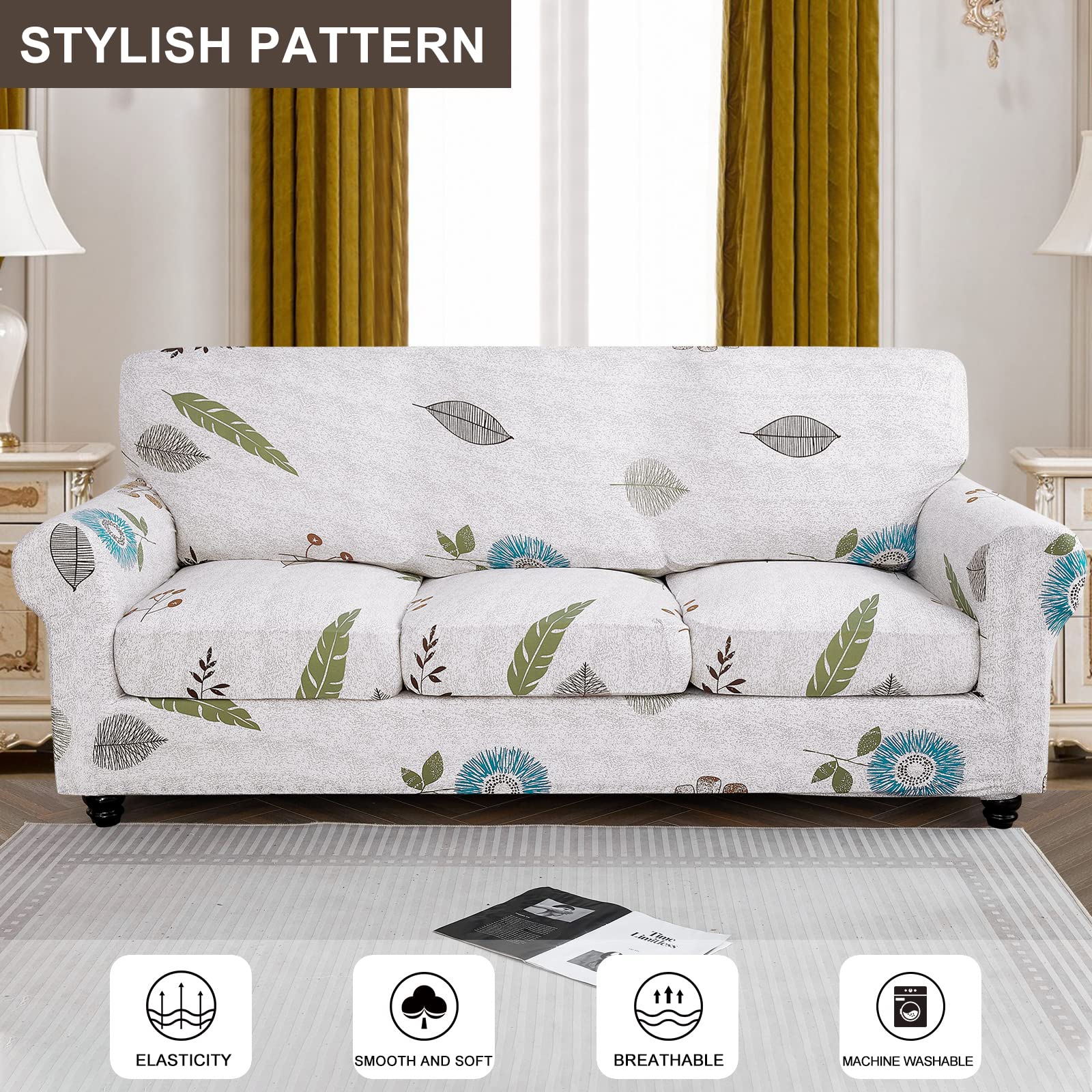 Searchi Stretch Sofa Cover Printed Couch Cover, Floral Pattern 4 Pieces Sofa Slipcover With 3 Separate Cushion Cover, Washable Furniture Protector For Living Room(Sofa, Autumn Leaves)