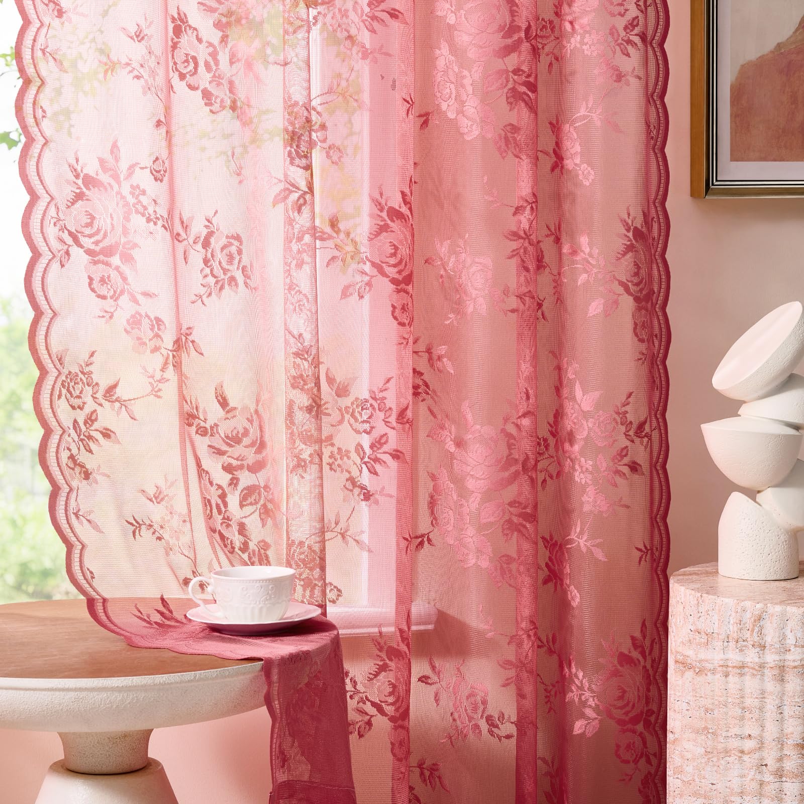 SEEKRIGHT Coral Lace Curtains 63 Inch Length 2 Panels Set Country Floral Sheer Curtains for Bedroom Living Room Rod Pocket Light