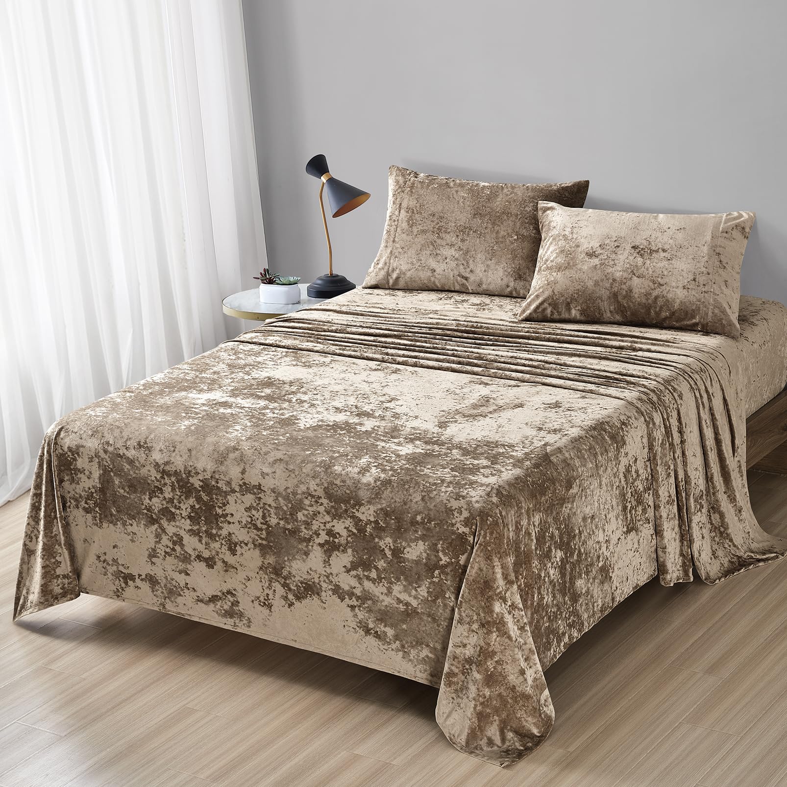 Fredsure Distressed Velvet Sheet Set, 4 Pieces Khaki Queen, Ultra Soft, Warm