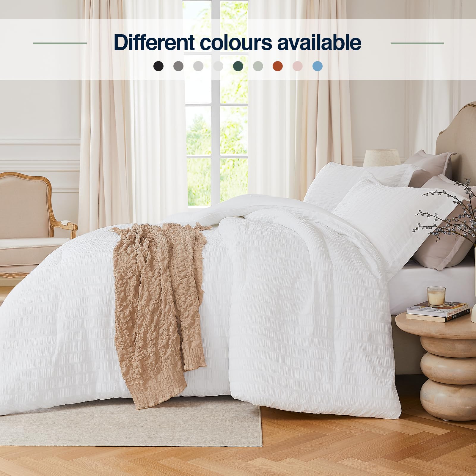Quataly White Full Comforter Set - 3 Pieces Seersucker Lightweight Bedding Comforter Sets (1 Soft Fluffy Comforter & 2 Pillowcas