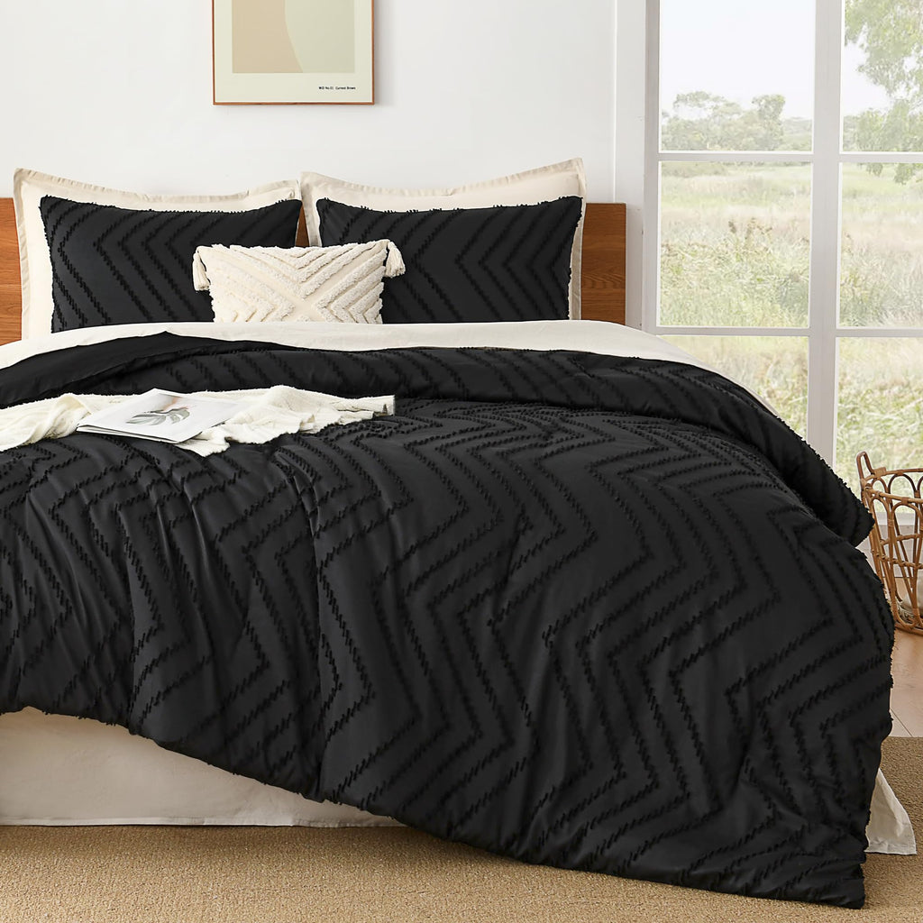 Litanika Black California King Comforter Set, 3 Pieces Cal King Oversized Chevron Tufted Solid Bedding Comforter Sets, Fluffy Be