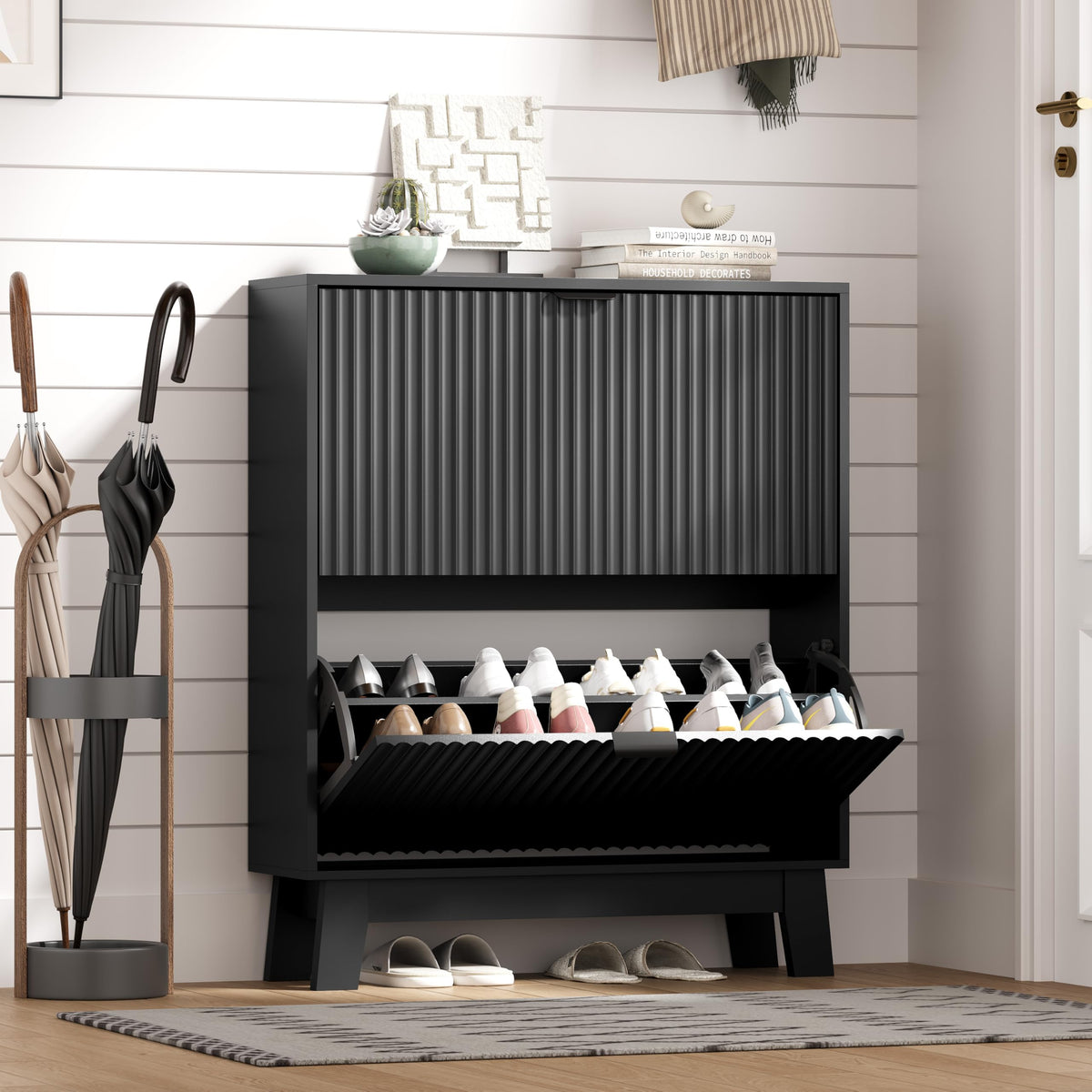 HUANLEGO Shoe Cabinet Storage for Entryway with 2 Flip Drawers, Fluted Narrow Shoe Organizer with Wooden Legs, Freestanding Slim