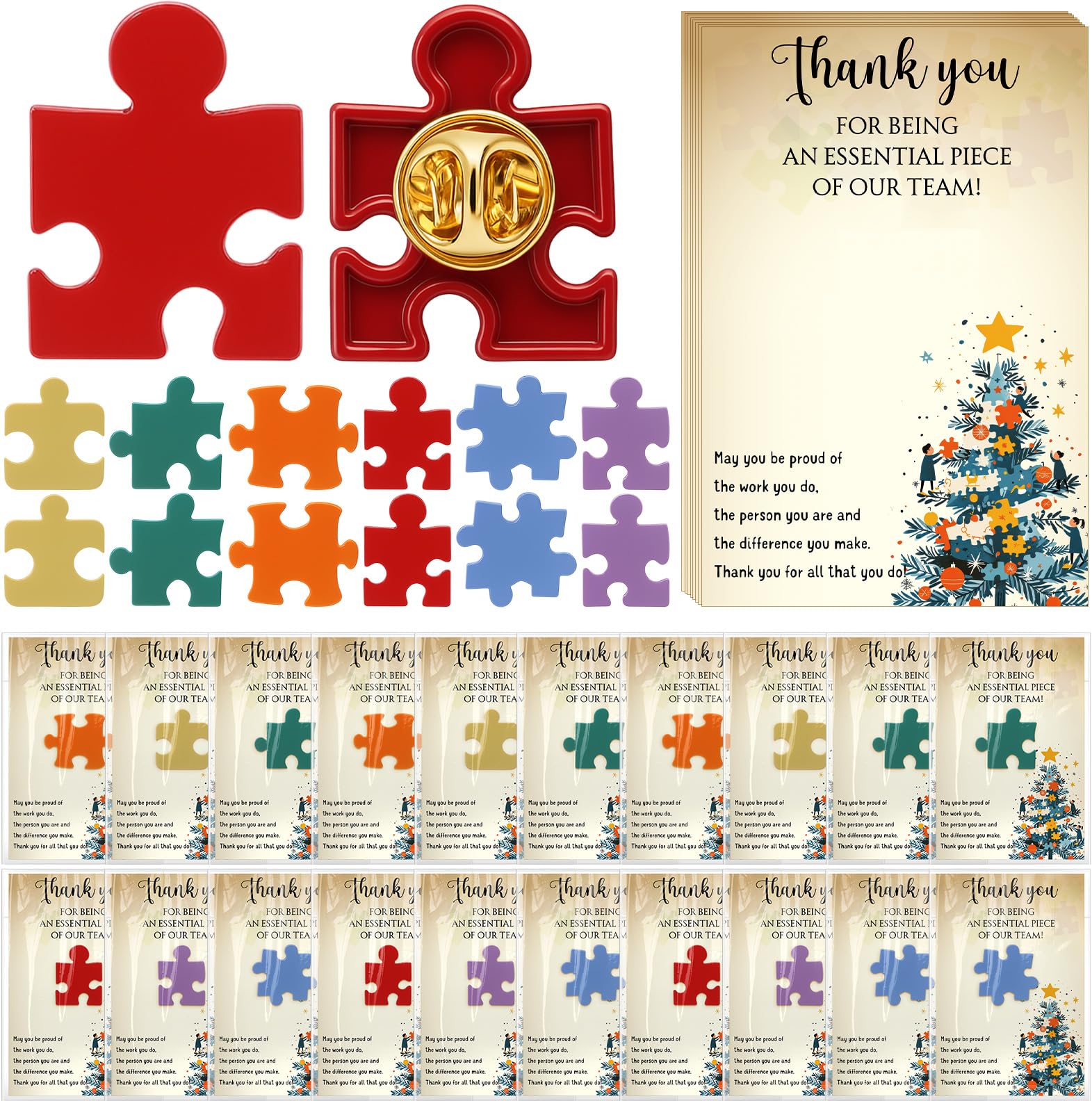 Solsew 100 Sets Christmas Employee Appreciation Gifts Bulk Puzzle Piece Lapel Pins Inspirational Thank You Cards for Team Buildi