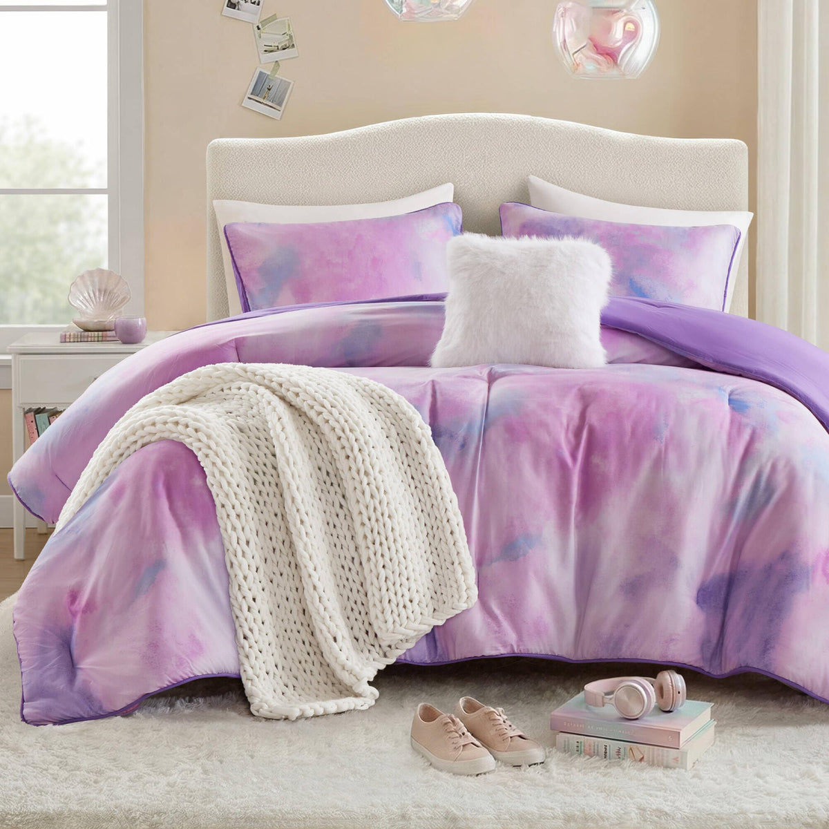 Intelligent Design Watercolor Purple Queen Tie Dye Comforter Set, 4Pc