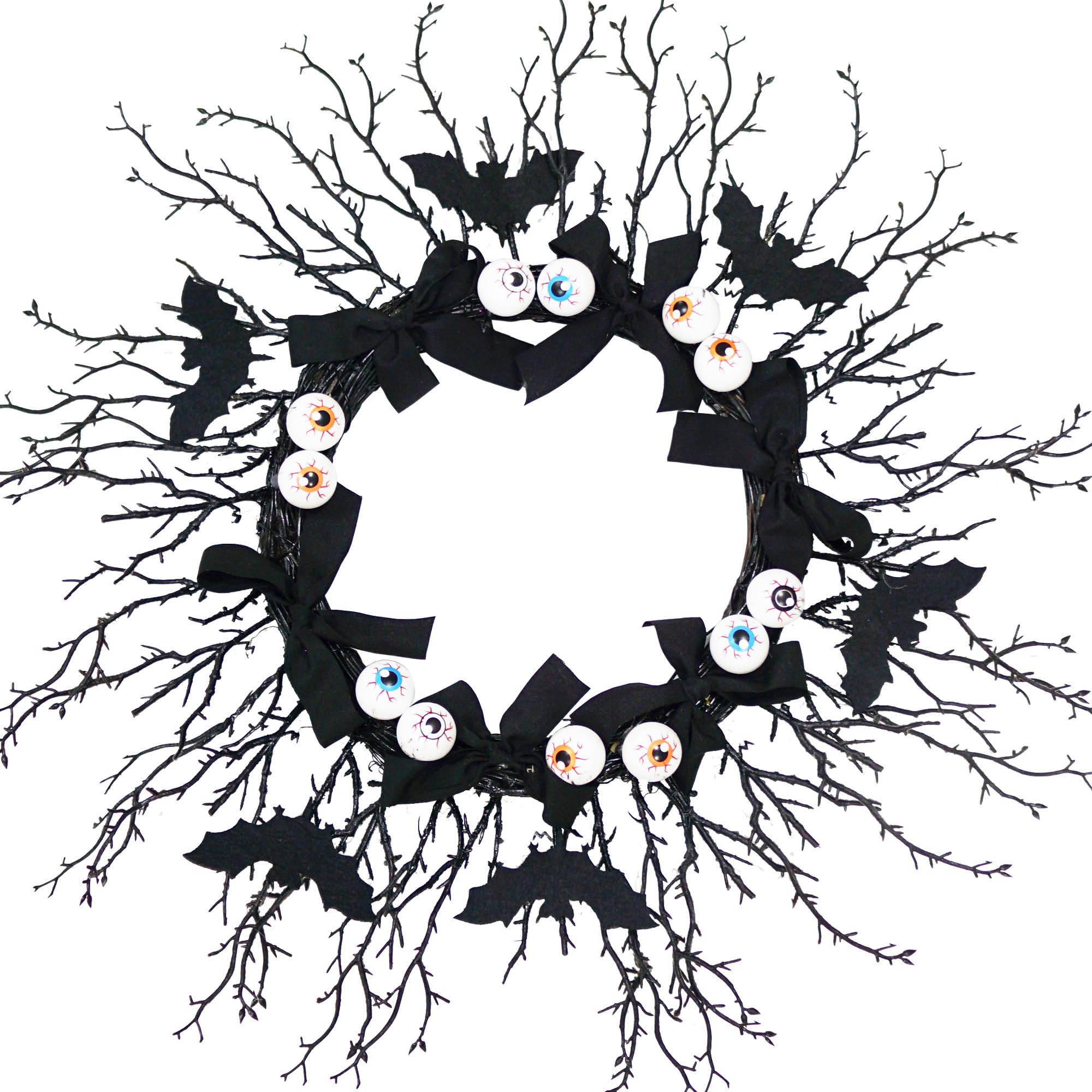VOELIGT 22 Inch Halloween Wreaths for Front Door Black Bat Halloween Eyeballs Wreath with LED Lights Halloween Door Wreath Wall 