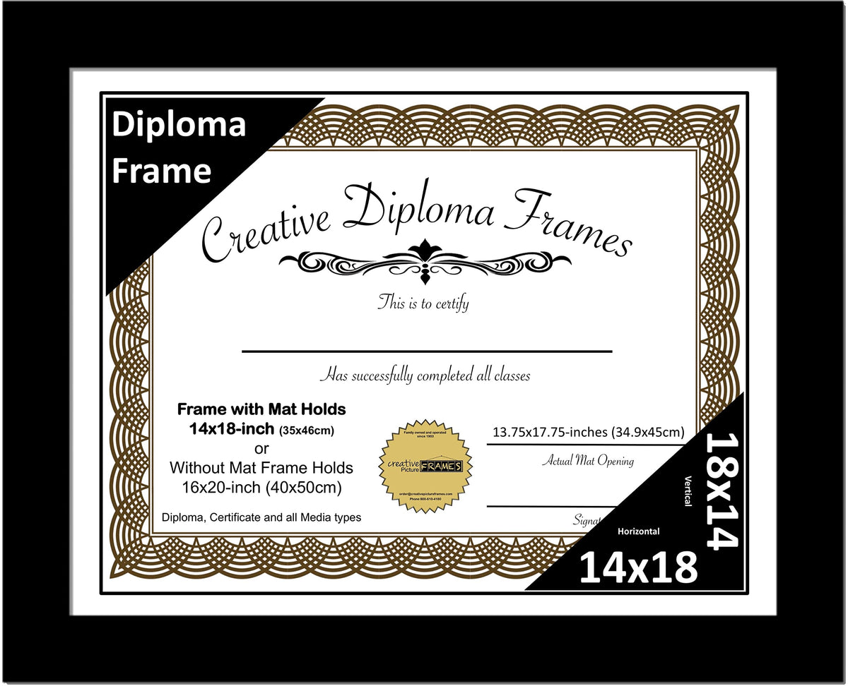Creative Picture Frames 14x18 Classic Black Diploma Frame with White Mat Glass Easel and Installed Wall Hangers | Frame Holds 16
