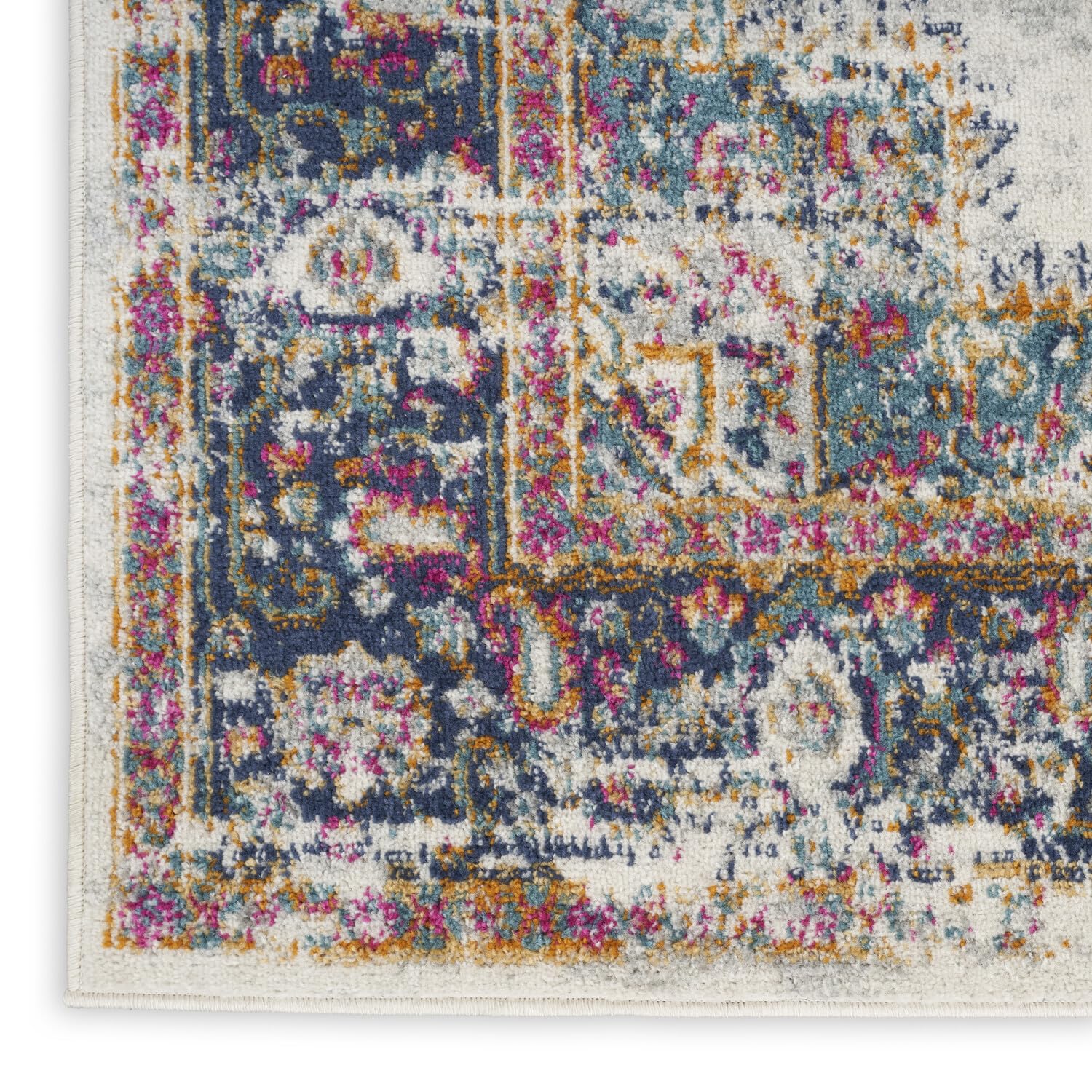 Nourison Passion Bordered Ivory Blue 2'2'' X 10' Area -Rug, Easy -Cleaning, Non Shedding, Bed Room, Living Room, Dining Room, Ki