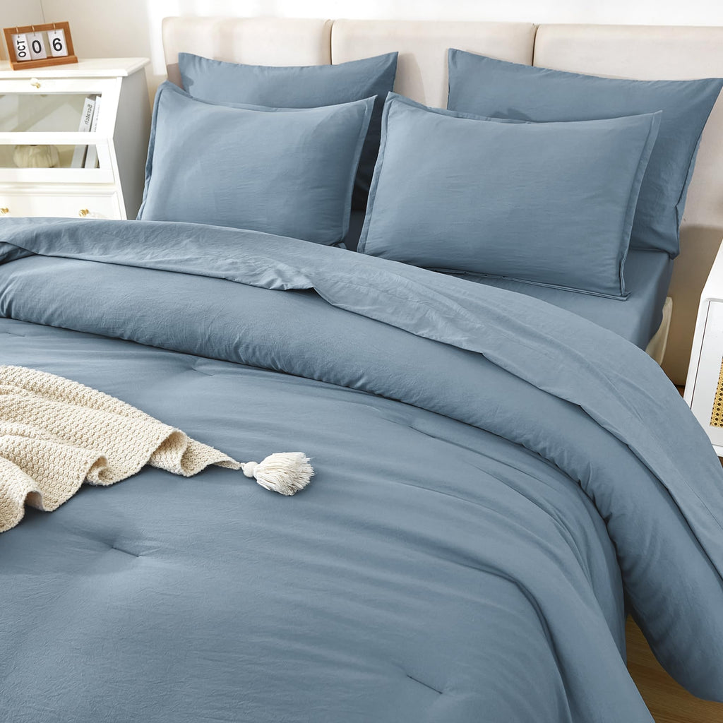Litanika Comforter Full Size Set Grayish Blue - 7 Pieces Bed In A Bag Full Beddding Comforter Sets, Plain Lightweight Bed Set Wi