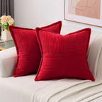 Haussy Red Throw Pillow Covers 16X16 Inch Set Of 2,Soft Solid Corduroy Striped/Wide Bordered,Square Decorative Cushion Case,Wint