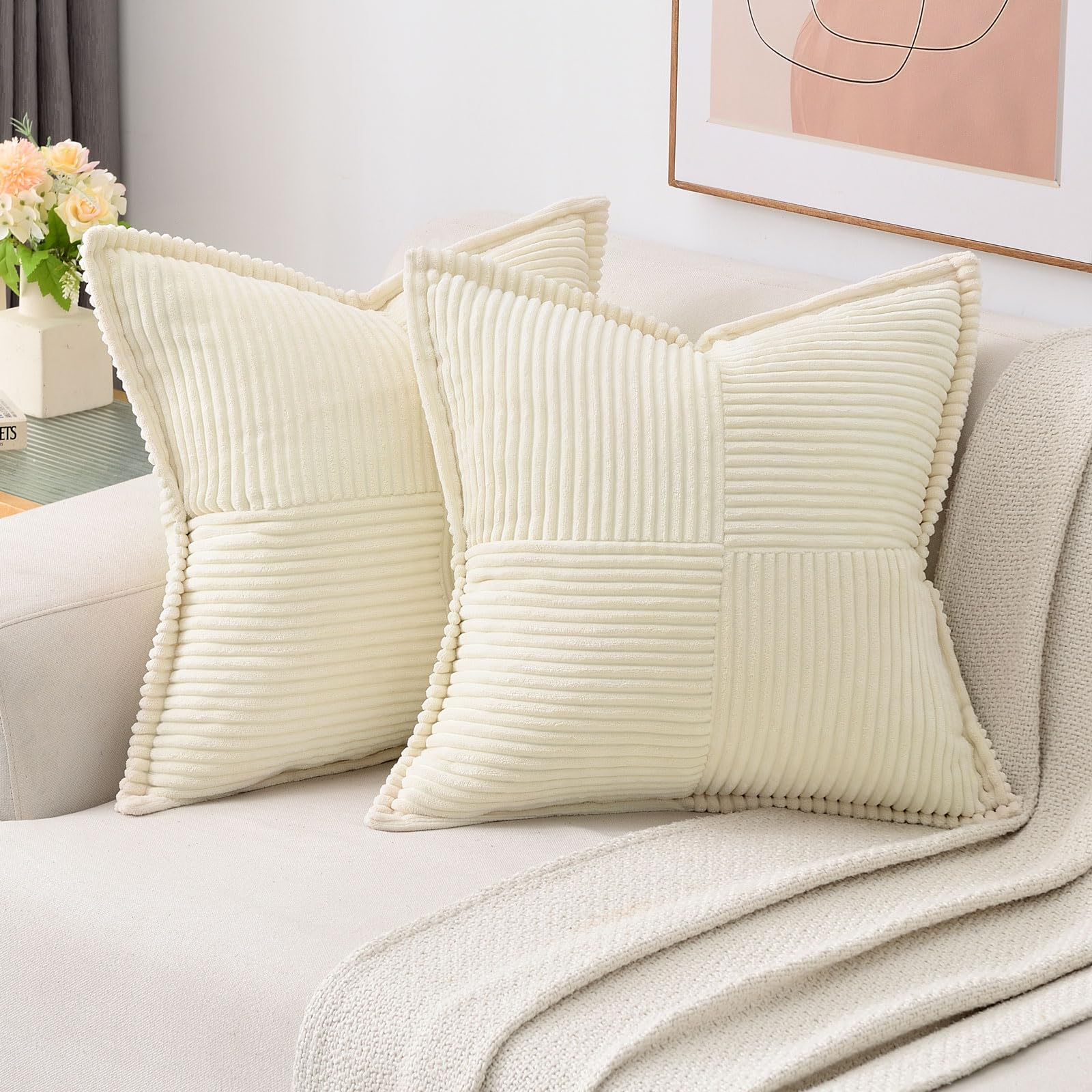 Haussy Beige Throw Pillow Covers 20X20 Inch Set Of 2,Soft Solid Corduroy Striped/Wide Bordered,Square Decorative Cushion Case,Wi