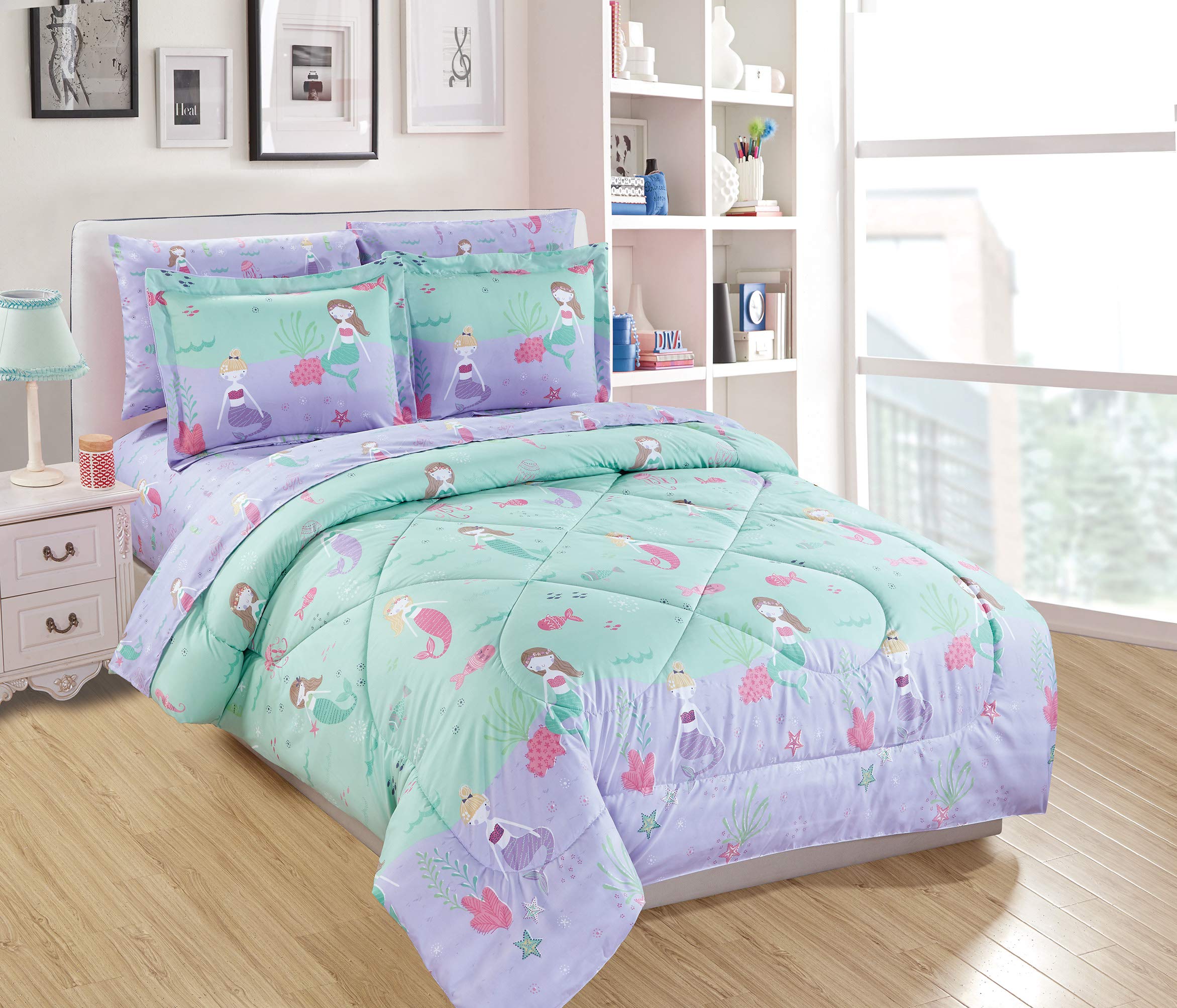 Twin Size 5Pc Comforter Set Girls/Teens Mermaids Starfishes Jellyfishes Lavender Pink Aqua New