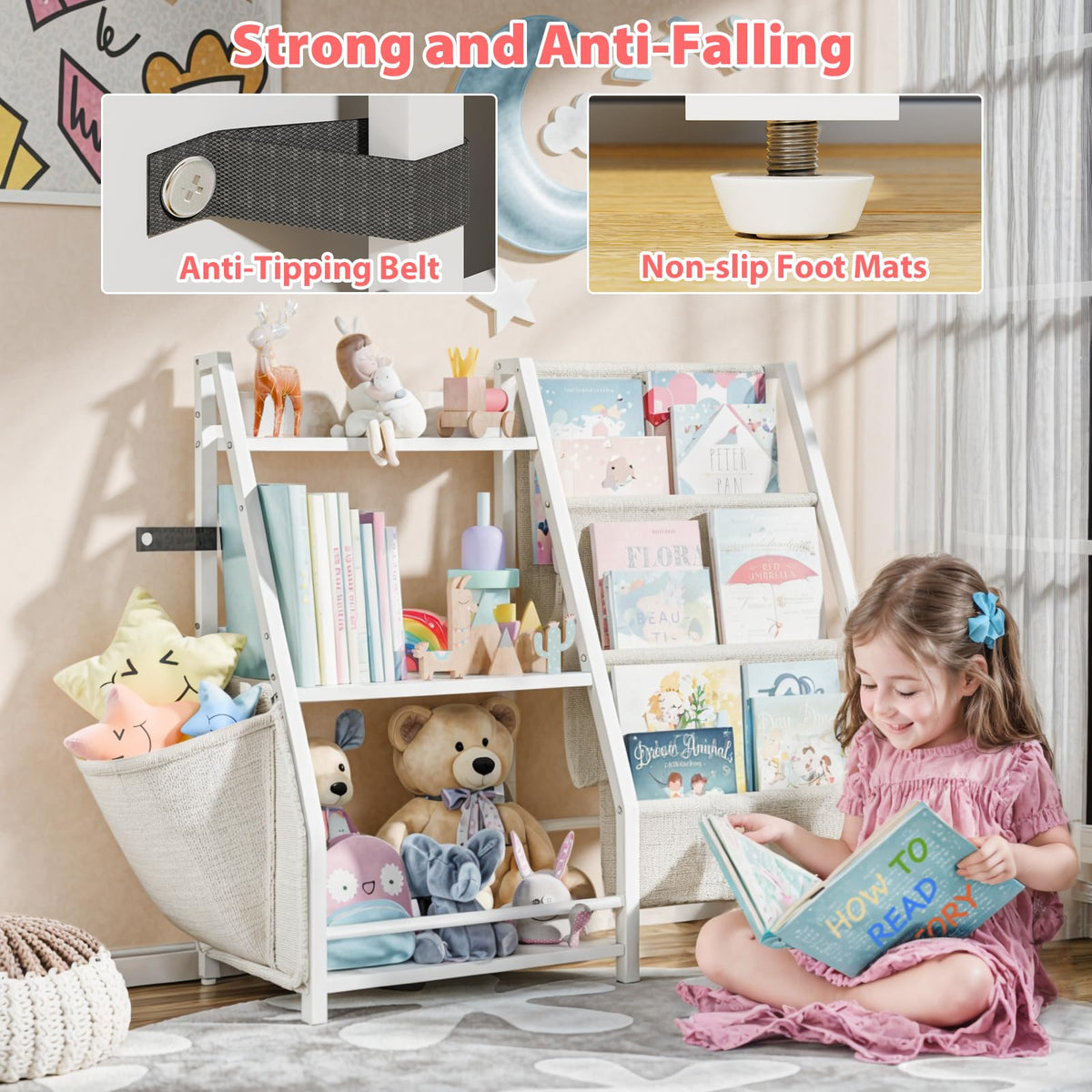 Latibell 3 Tier Kids Bookshelf And Toy Storage, Kids Book Sling Shelf, Montessori Baby Toddler Bookshelf For Kids, Kids Bookcase, Toy Storage Organizer, For Playroom, Bedroom, Nursery (White)