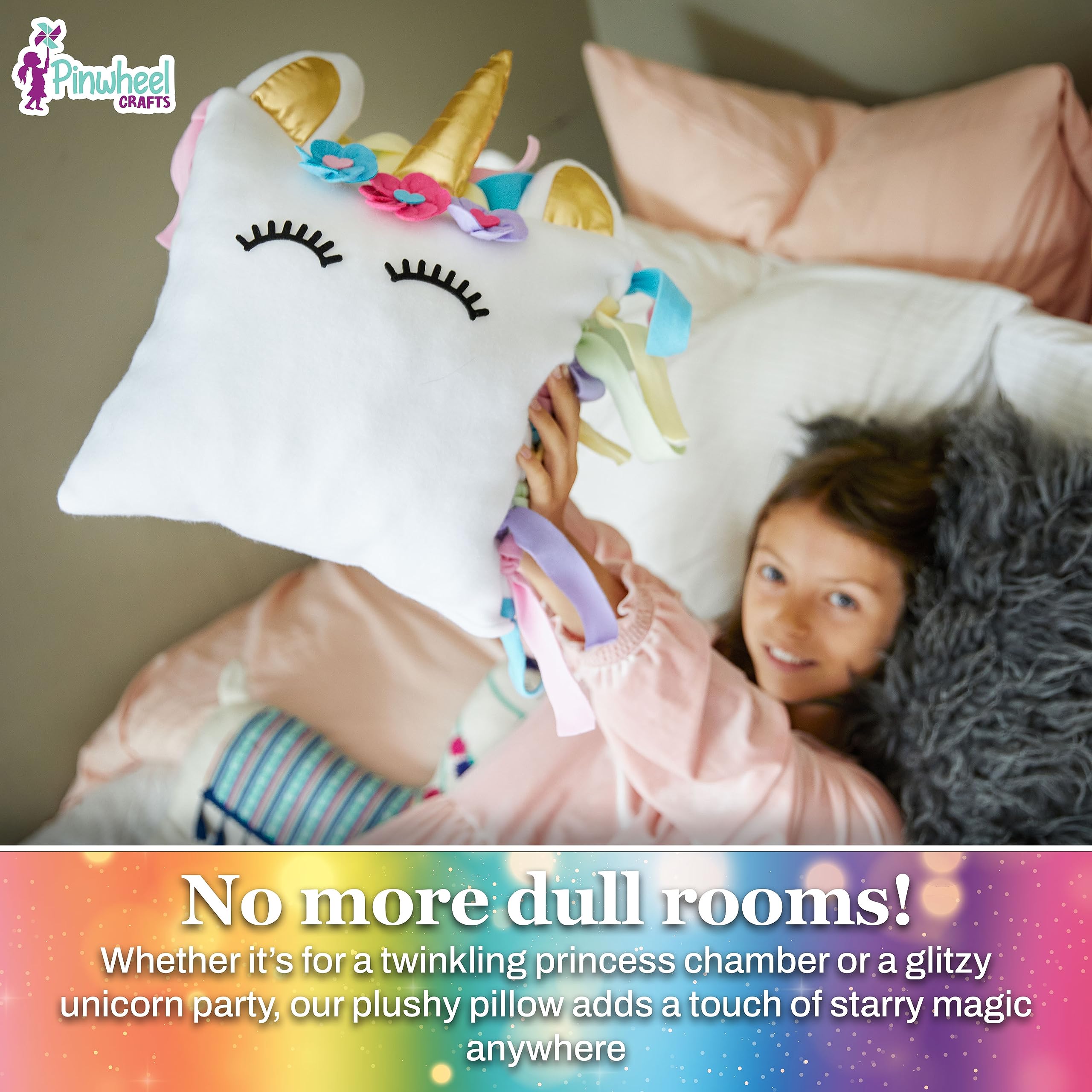 Pinwheel Crafts Unicorn Pillow Kit - DIY No Sewing Craft for Kids, Pink, Model PW0008b, Ages 6-12, Perfect Gift for Girls
