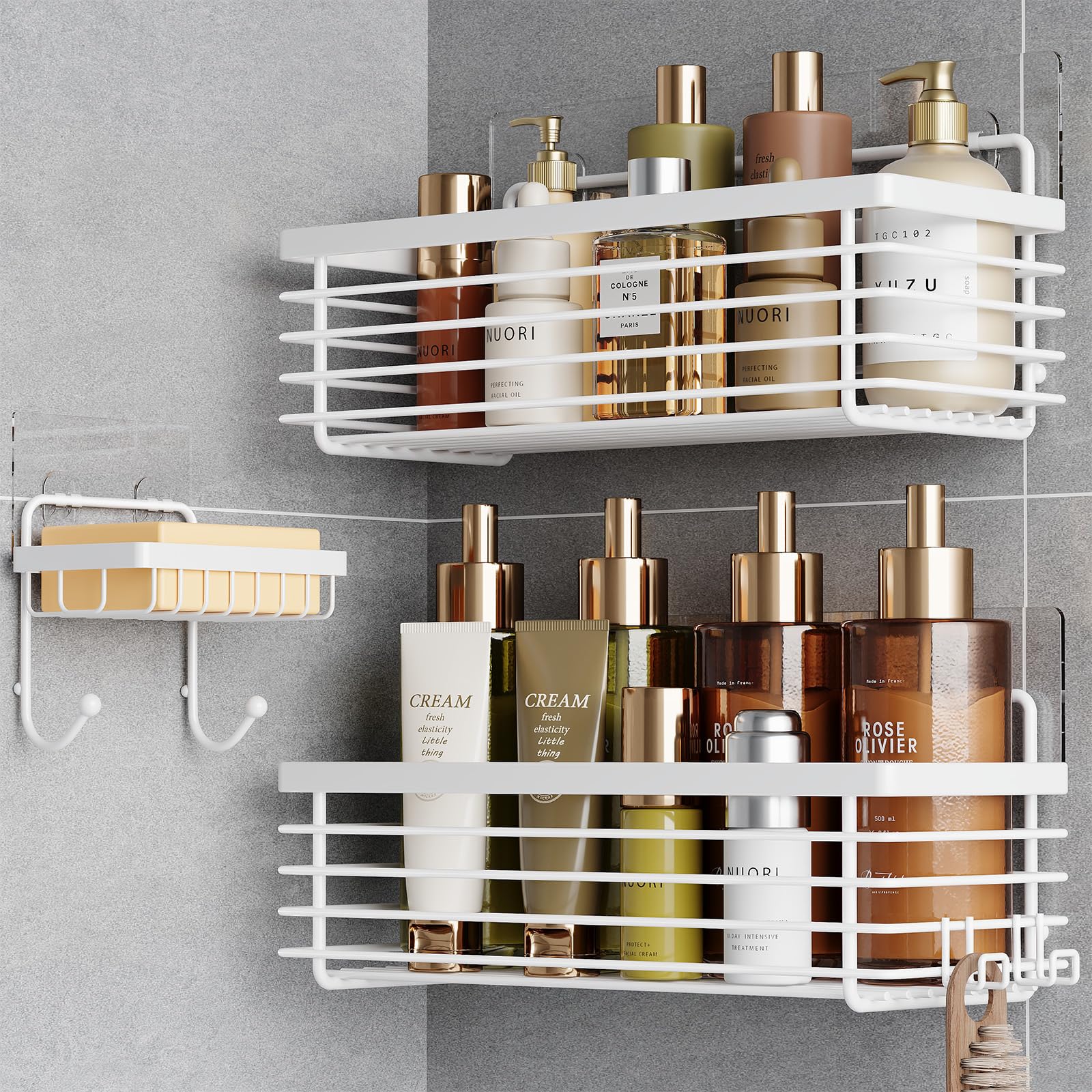 ODesign Shower Caddy Shower Shelves Rack Rustproof Wall Mounted SUS304 Stainless Steel - Self Adhesive Caddy (White)