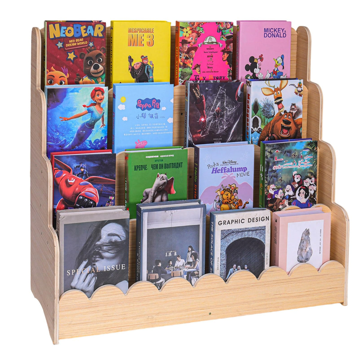 FDHUIJIA Wooden Kids Bookshelf 4Tier, Front Facing Toddler Montessori Bookshelf,Scalloped Book Shelf for Kids Rooms, Baby Nurse