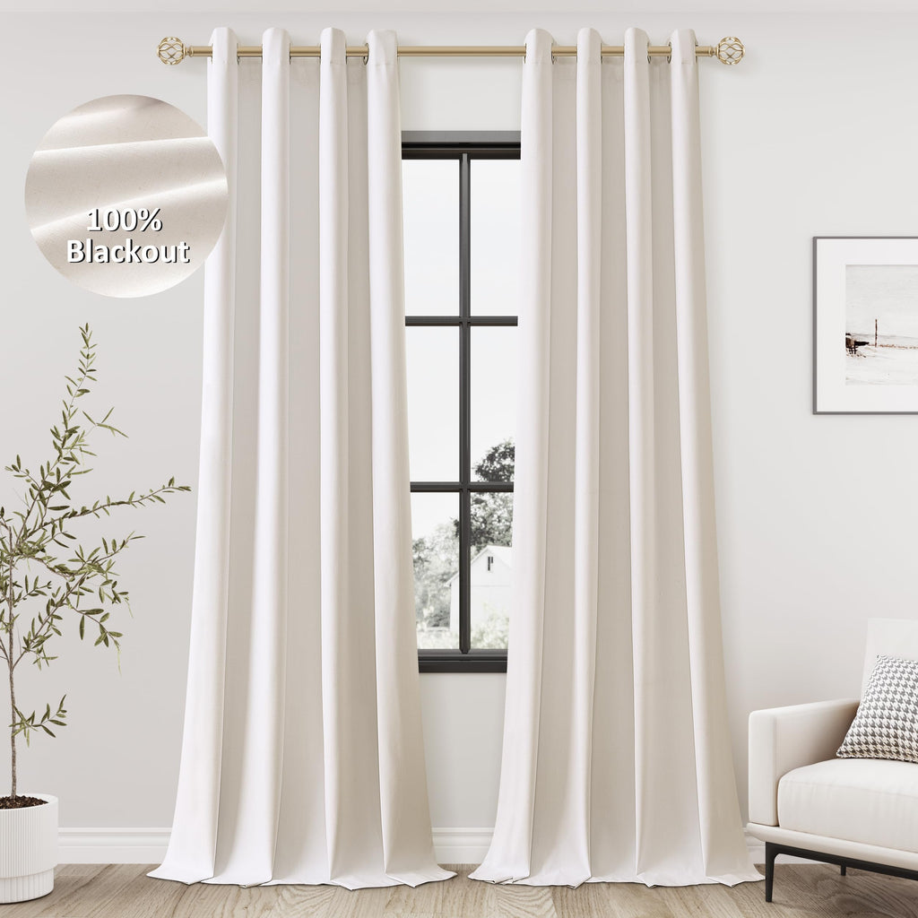 Jowels Ivory Linen Blackout Curtains 90 Length 2 Panels Set for Living Room Bedroom, 100% Black Out Thermal Insulated Linen Drap