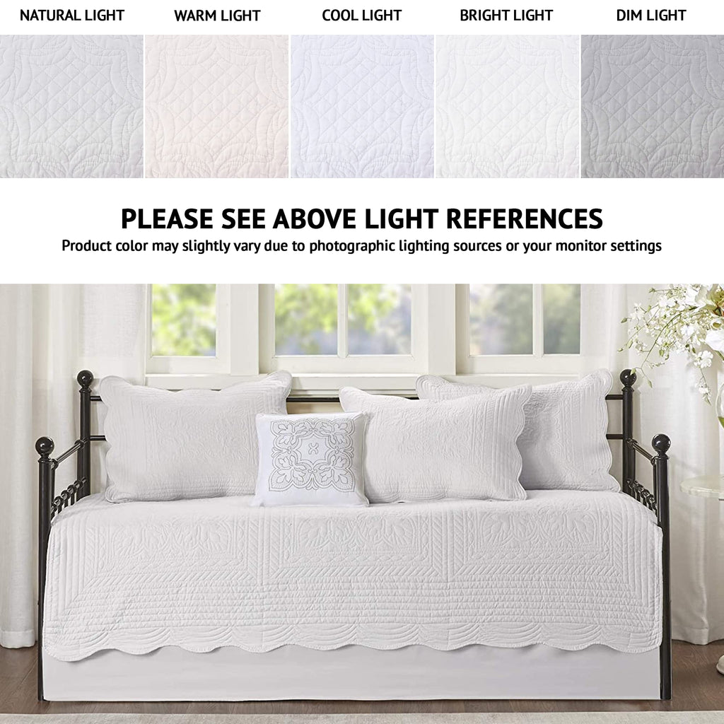 Madison Park Tuscany Daybed Cover Set-Trendy Damask Quilting With Scalloped Edges All Season Luxury Bedding With Bedskirt, Matching Shams, Decorative Pillow, White, 39'X75', 6 Piece