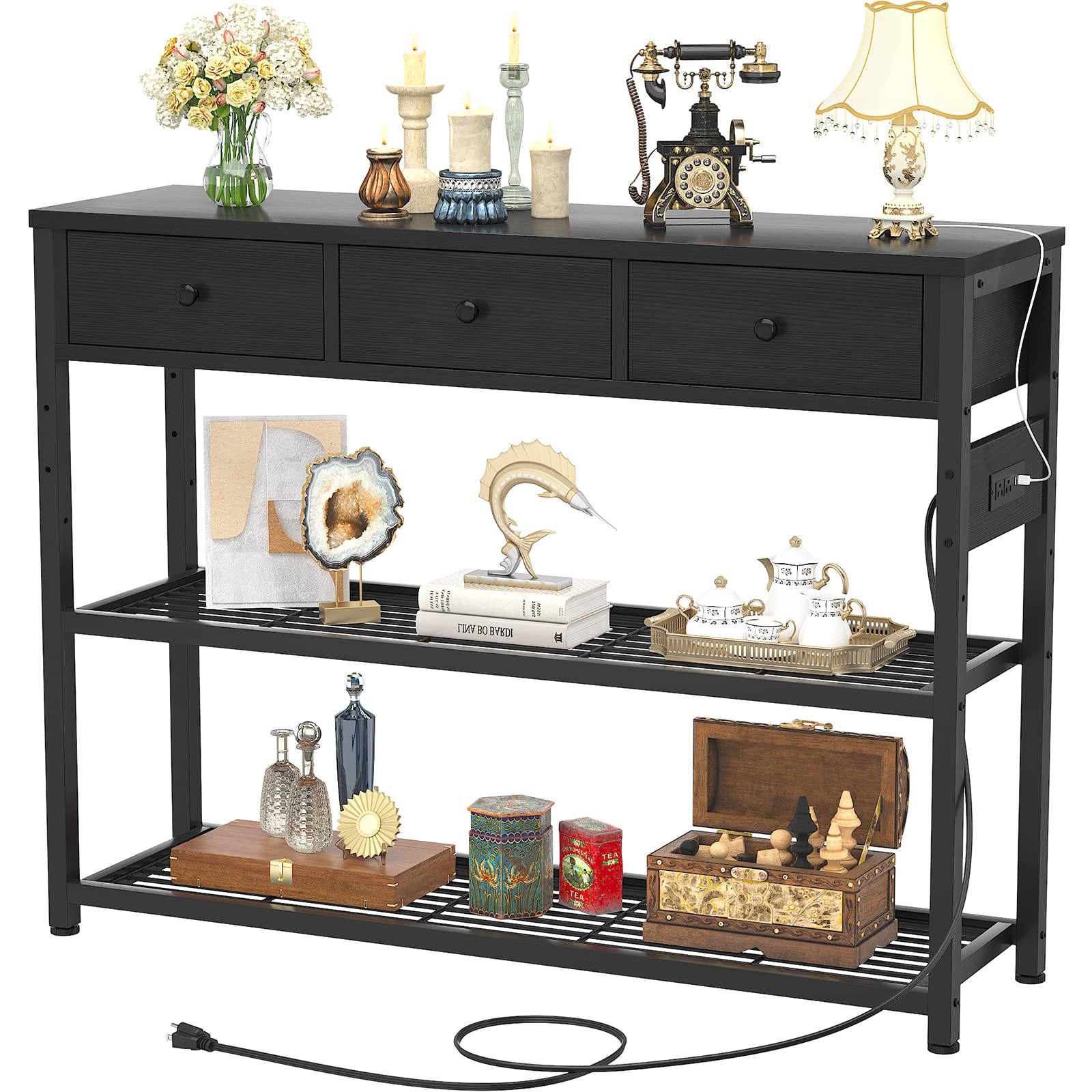 Ecopriso 47   Entryway Table with Outlets and USB Ports, Console Table with 3 Drawers, Sofa Table Narrow Long with Storage She