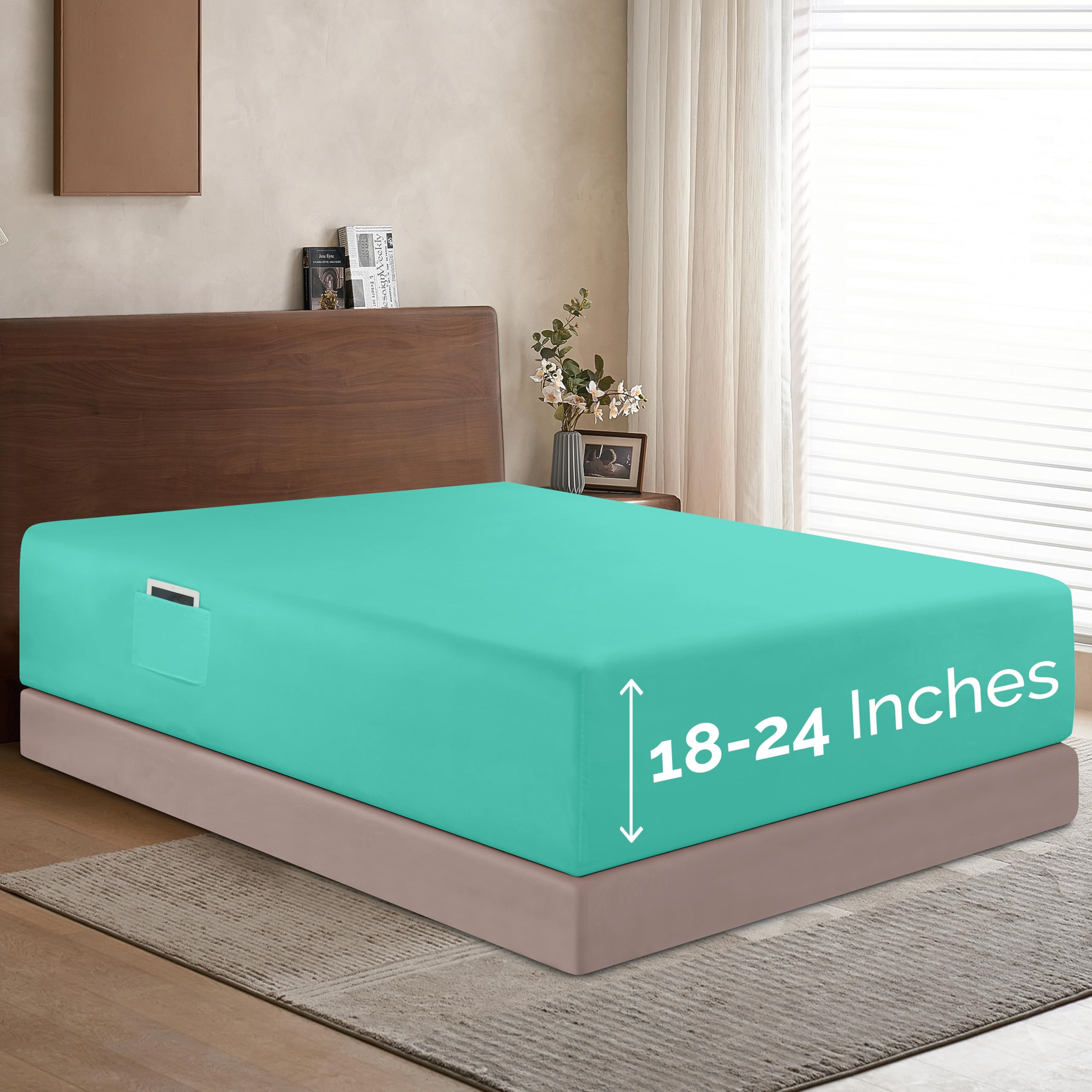 Elegant Comfort 1500 Premium Hotel Quality 18-24 Inches Deep - Extra Deep Pocket Single Fitted Sheet For High Mattress, Luxury And Softest, Smart Pocket - Wrinkle Free, King, Paradise Teal