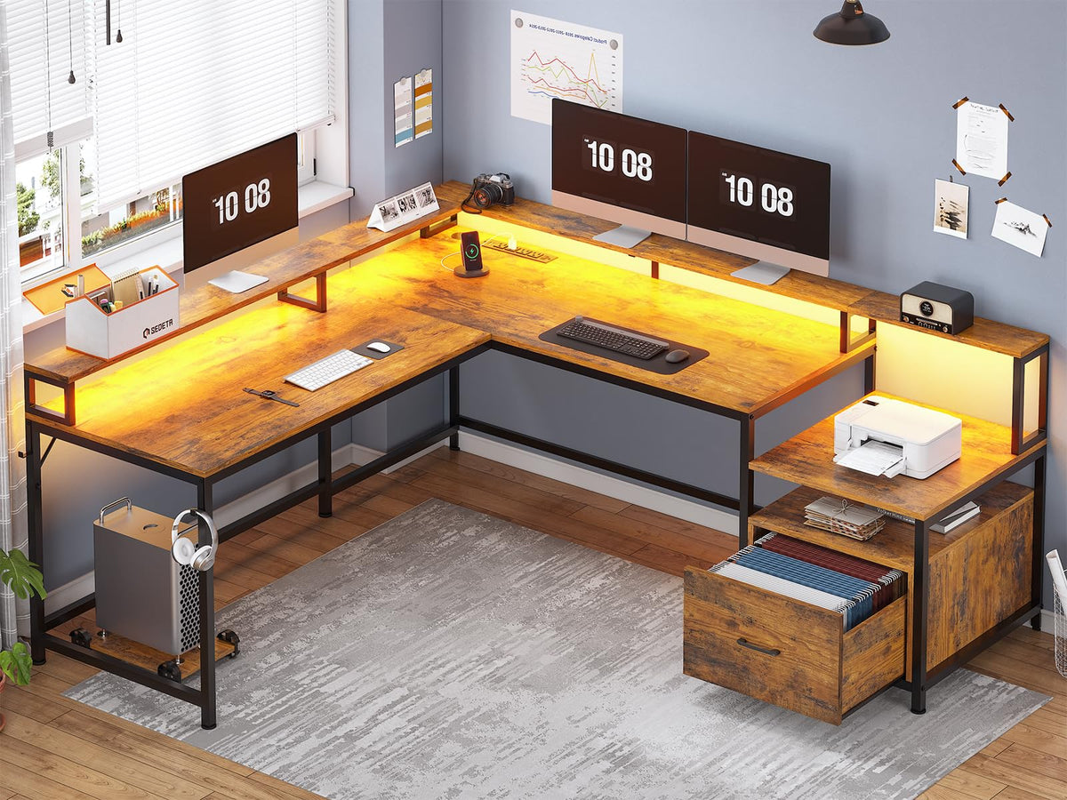 Sedeta L Shaped Desk, 66' Home Office Desk With File Drawer & Power Outlet, Gaming Desk With Led Lights, Corner Computer Desk With Monitor Shelf, Printer Storage Shelves, Two Person Desk, Rustic Brown