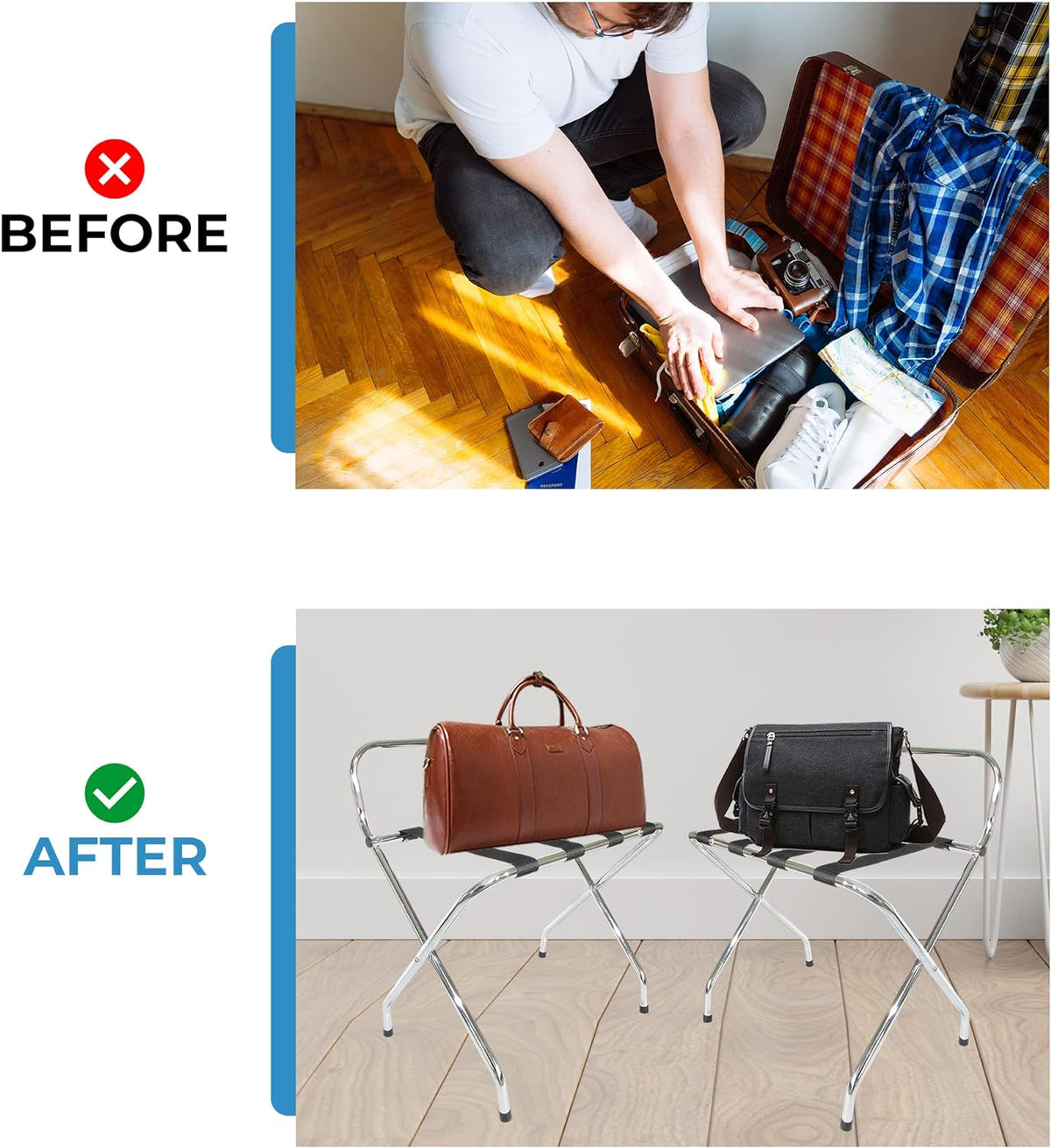 Foldable X-Shape Luggage Rack with Two Shelves, Nylon Straps, Chrome Finish