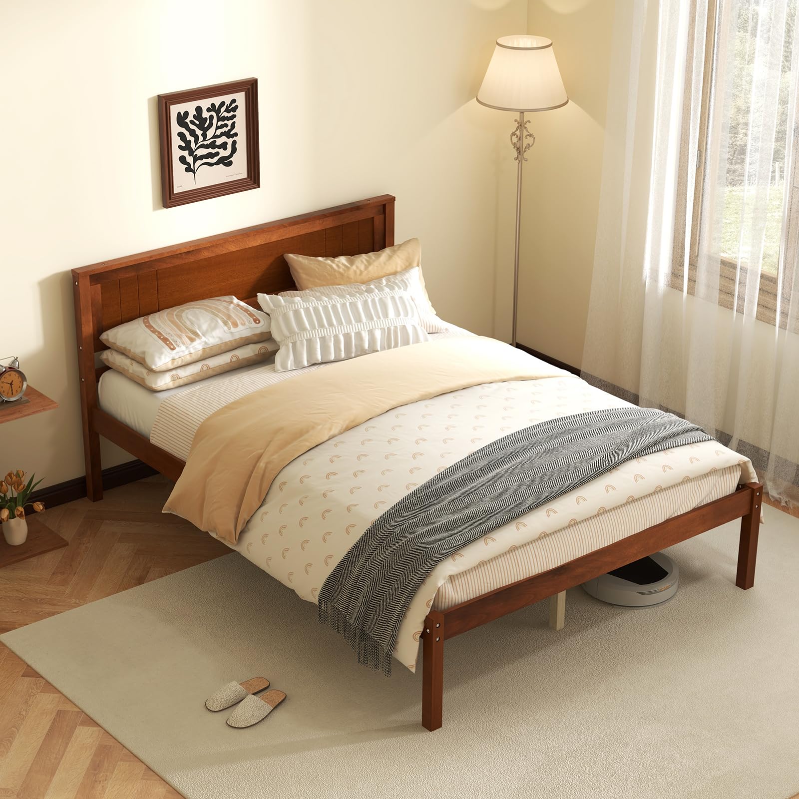 KOMFOTT Full Size Wood Platform Bed Frame with Headboard, Solid Wood Bed Frame with Slat Support, 7-Leg Support, Under Bed Stora