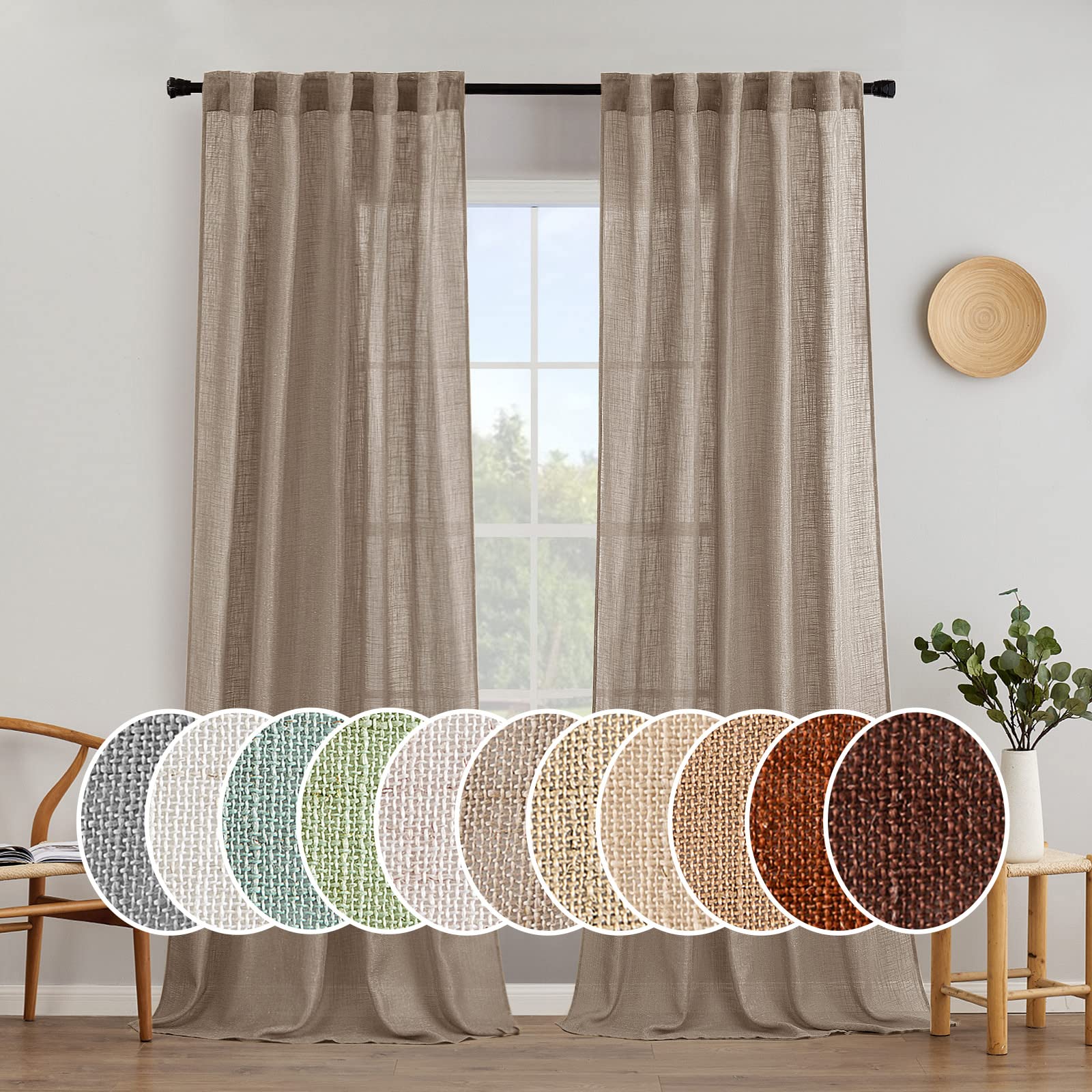Miulee Taupe Linen Curtains 108 Inches Long For Bedroom Living Room, Soft Thick Linen Textured Window Drapes Semi Sheer Light Filtering Rod Pocket Back Tab Burlap Look Farmhouse Decor, 2 Panels