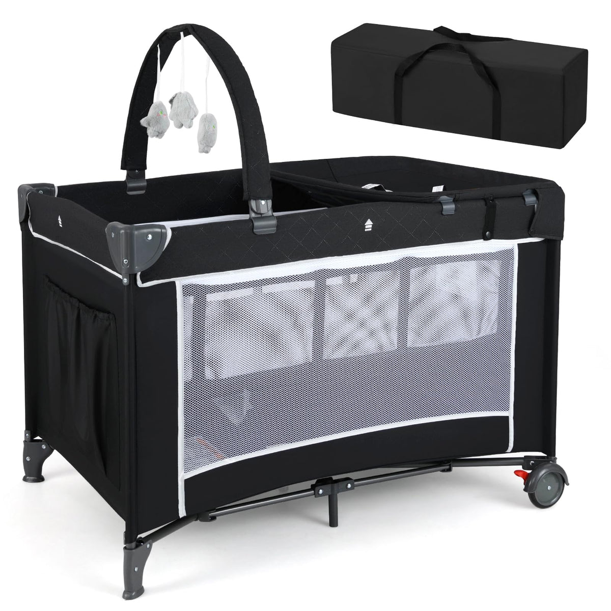 HONEY JOY Pack and Play, 4 in 1 Folding Infant Playpen with Bassinet, Quickly Assembled, Breathable Mesh Fabric, Carry Bag, Diap