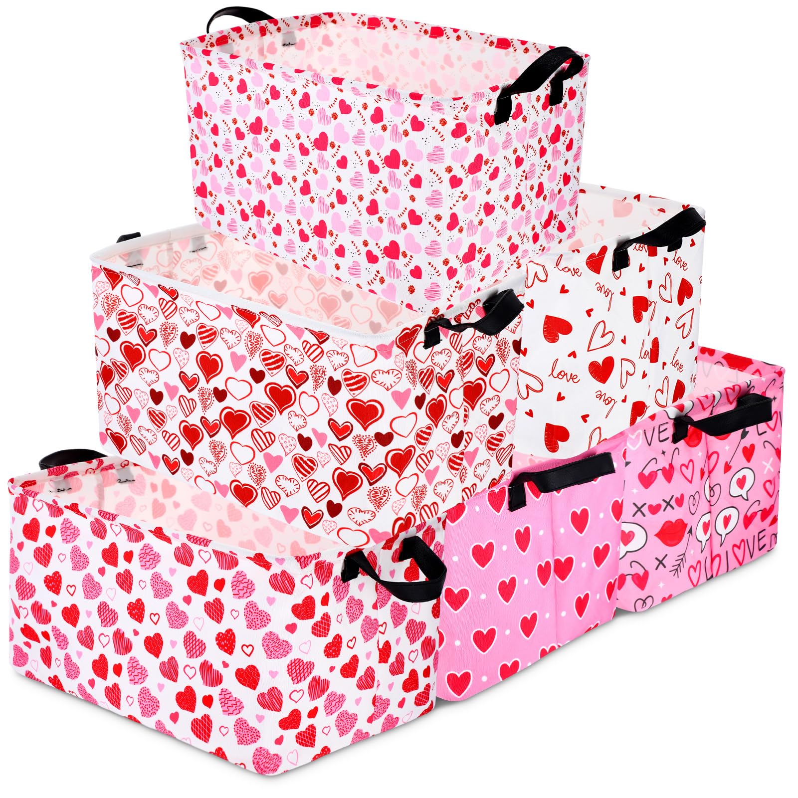 Vesici 6 Pack Valentine s Day Baskets for Gifts Empty Pink Heart Storage Bins Foldable Cute Storage Basket Rectangular Canvas O