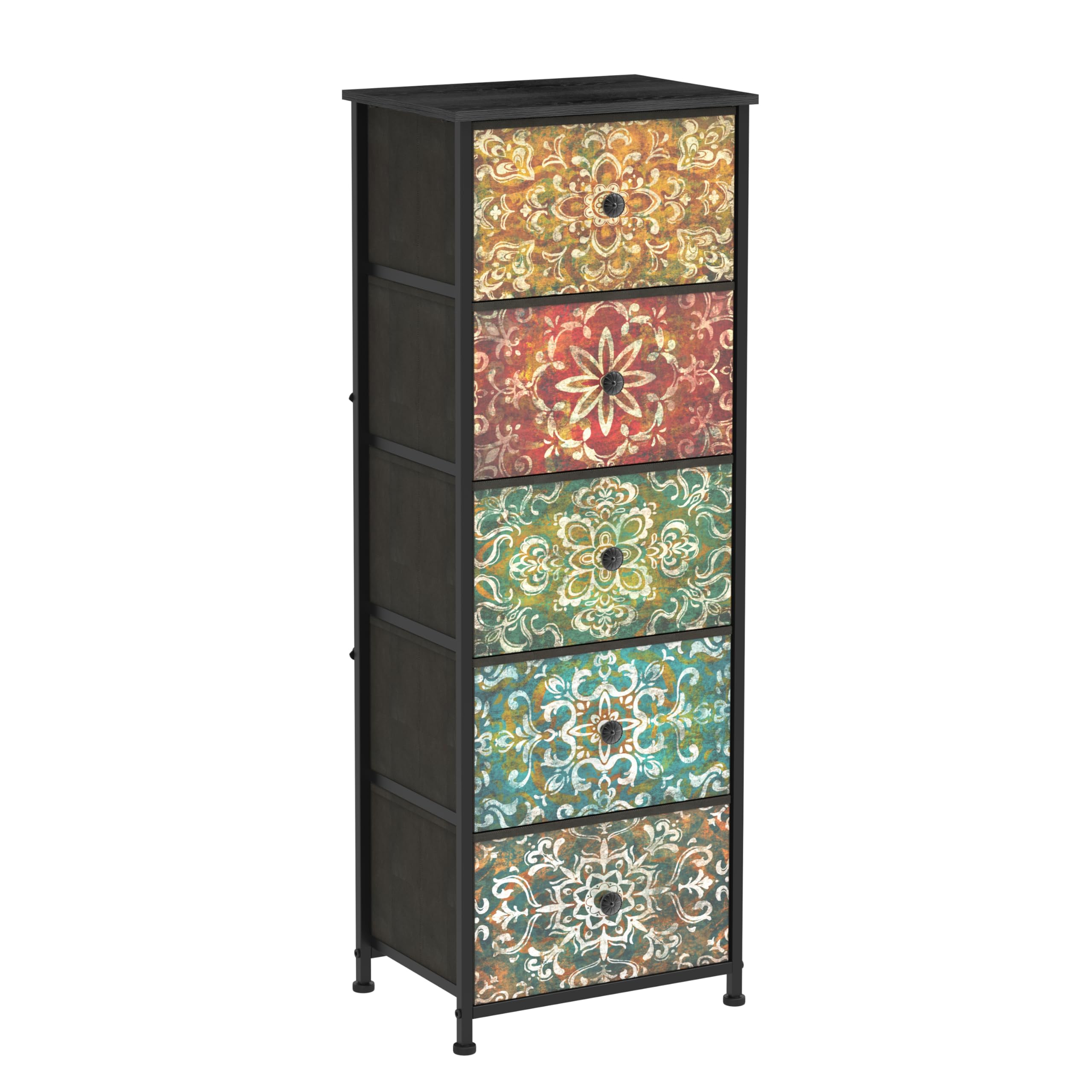 GiftGo Retro Skinny Dresser with Fabric Drawers Thin Slim Boho Mandala Flower Chest of Drawers Narrow Storage Tower for Small Sp