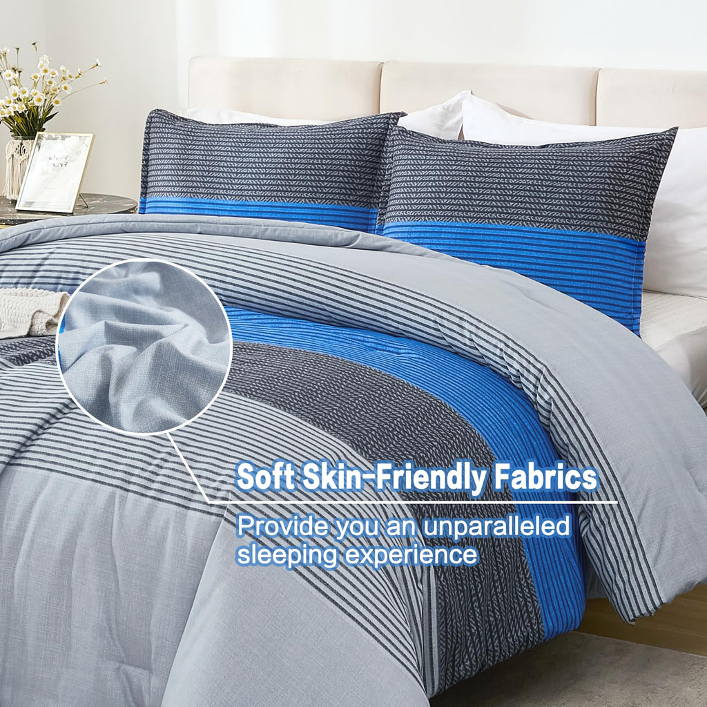 Litanika Bed Comforter Queen Set Grey Blue, Striped Bedding Comforter Set, 3 Pieces Lightweight Soft All Season Down Alternative