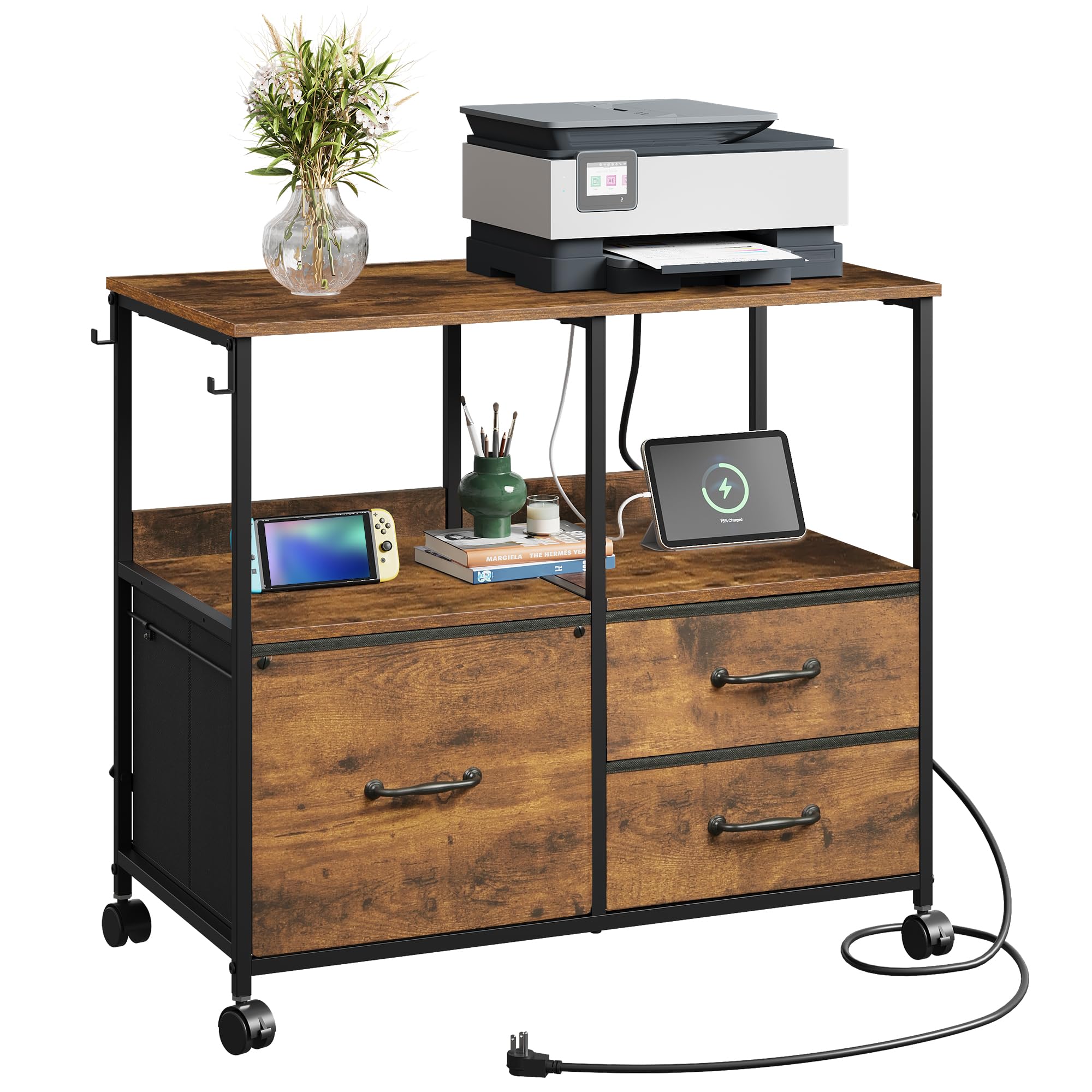 DEVAISE 3 Drawer Mobile File Cabinet, Rolling Printer Stand with Storage Shelf, Fabric Lateral Filing Cabinet fits A4 or Letter 