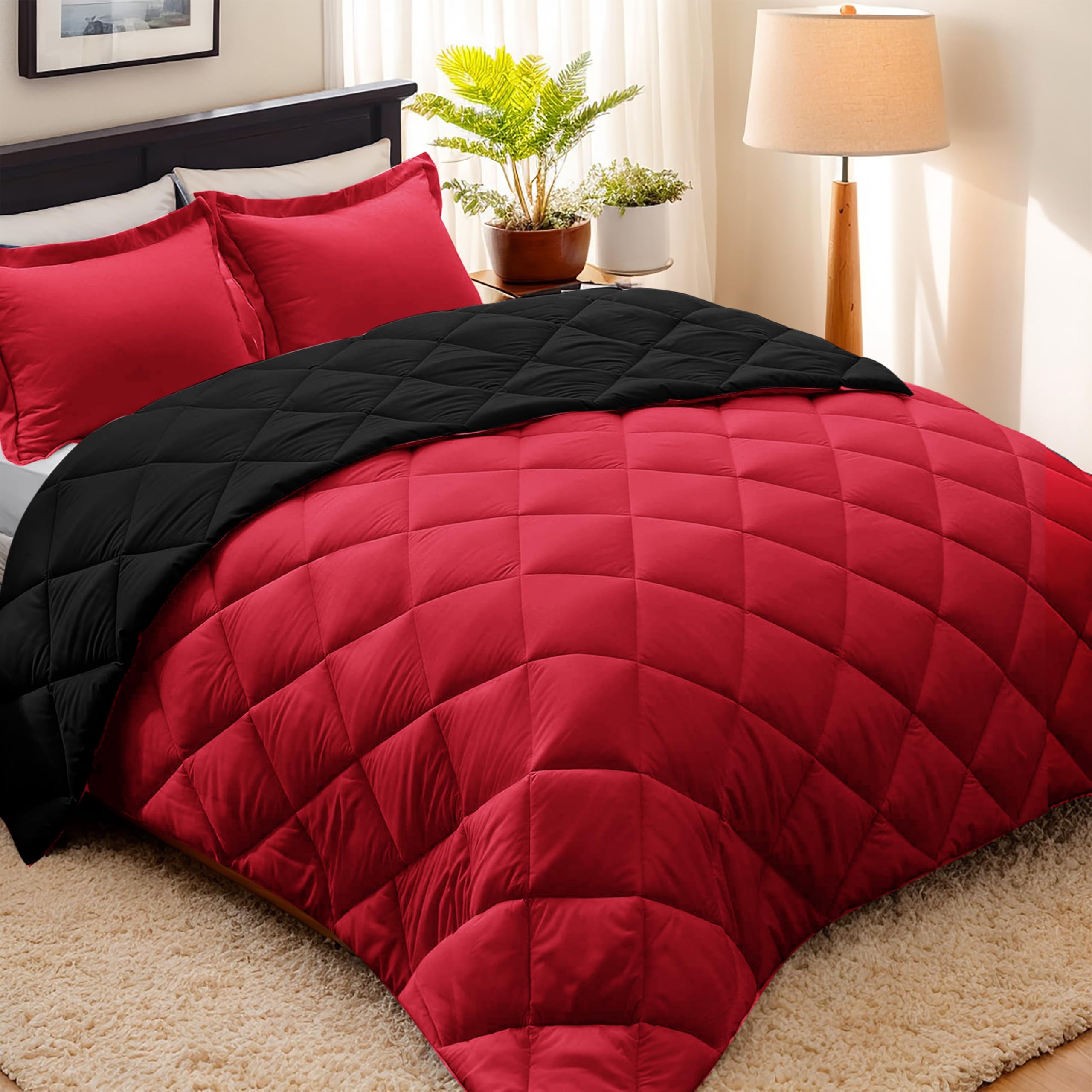 Hig 3Pc Red King Size Comforter Set -All Season Reversible Down Alternative Comforter With Two Shams -Quilted Duvet Insert With