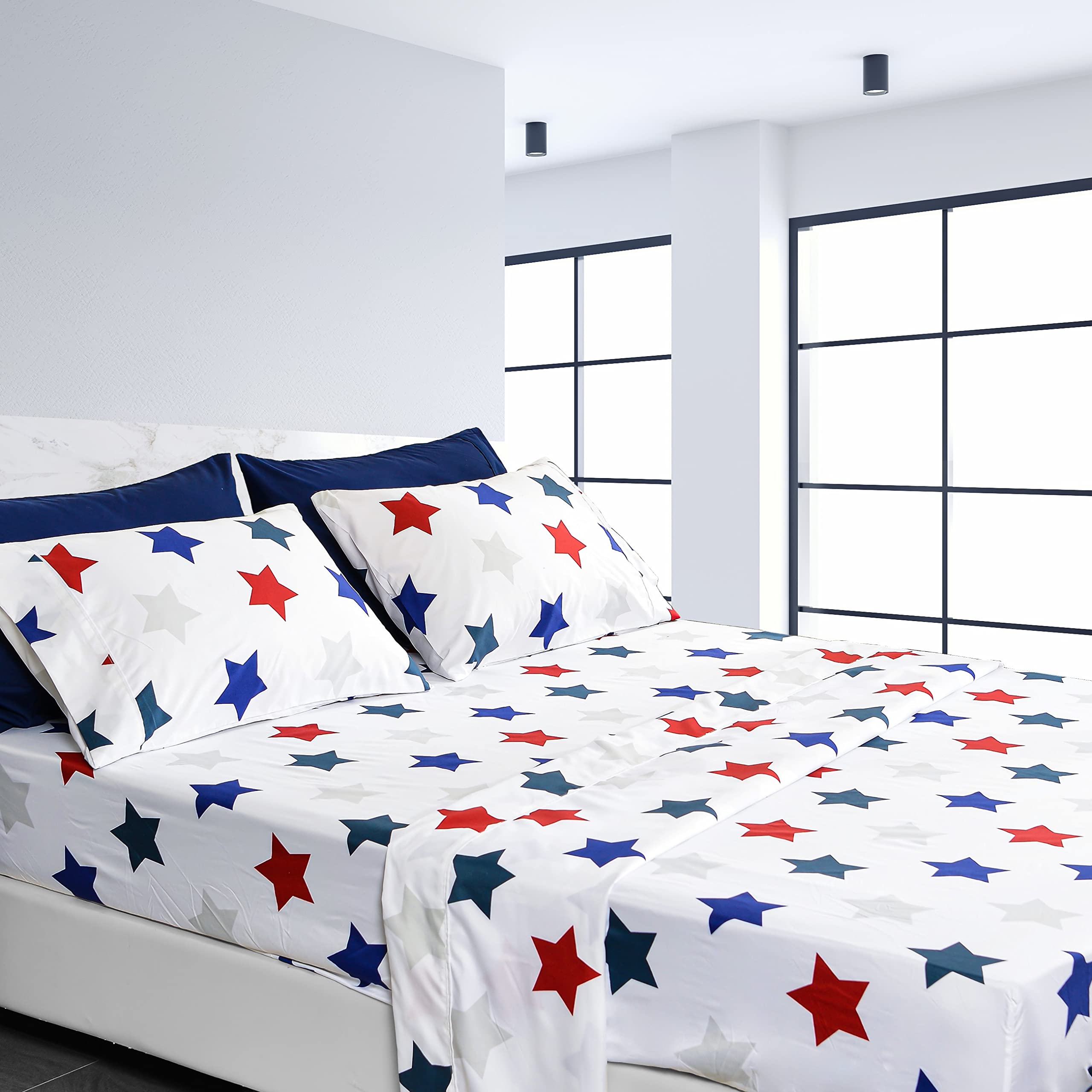 American Home Collection 6 Pieces Printed Bed Sheet Set Brushed Microfiber Wrinkle Free 14 Inches Deep Pocket Star Patterned She