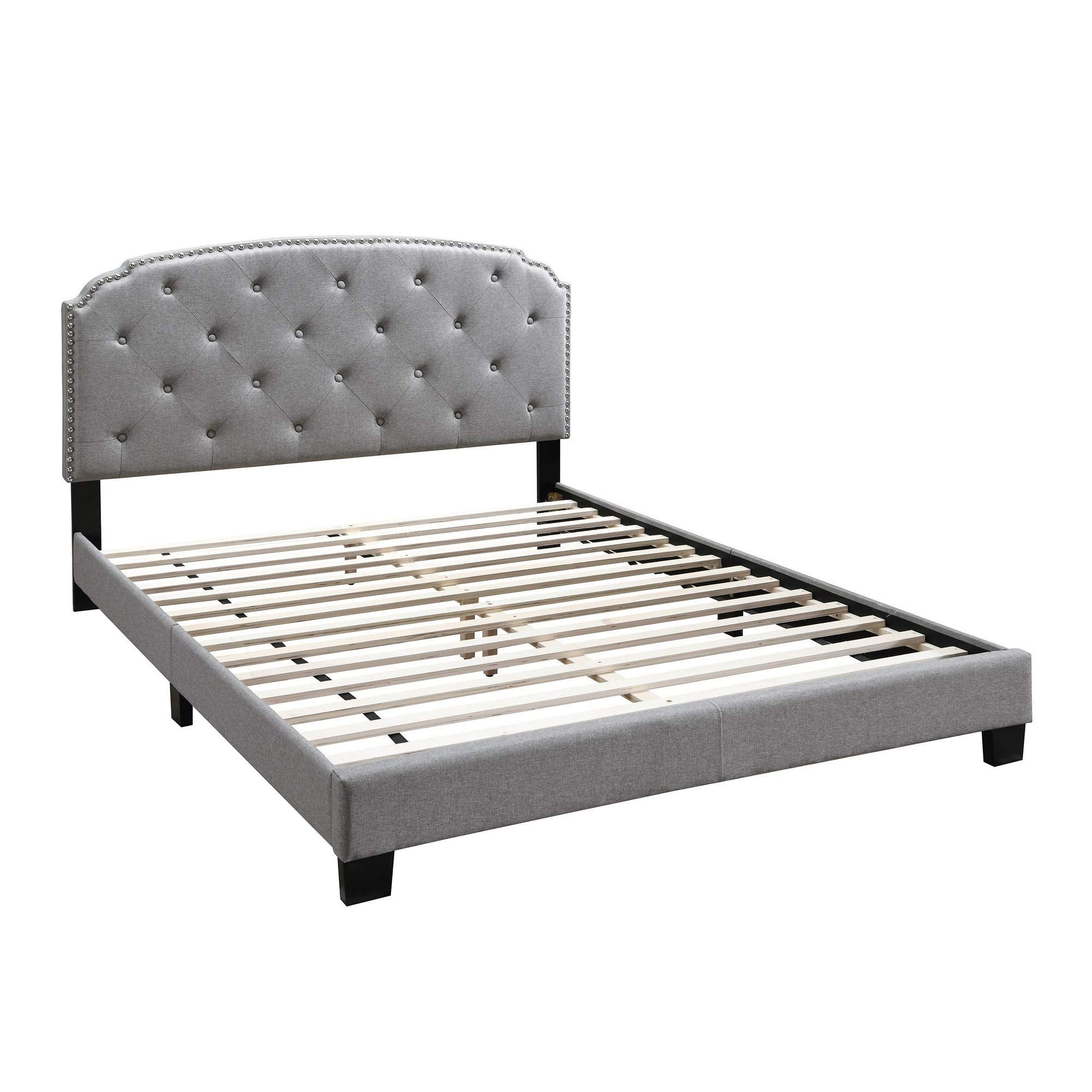 Benjara BM232033 Queen Bed with Button Tufted Scalloped Headboard, Light Grey