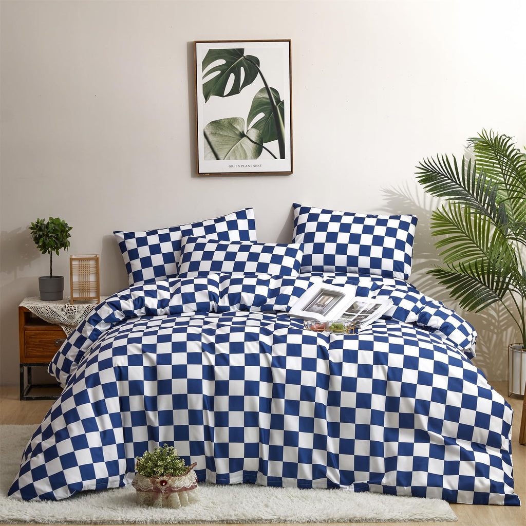 Clothknow Blue Plaid Queen Comforter Set 3Pcs Grid Bedding Comforter Sets Checkerboard Queen Comforter Royal Blue White Queen Size Comforter Sets