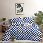 Clothknow Blue Plaid Queen Comforter Set 3Pcs Grid Bedding Comforter Sets Checkerboard Queen Comforter Royal Blue White Queen Size Comforter Sets