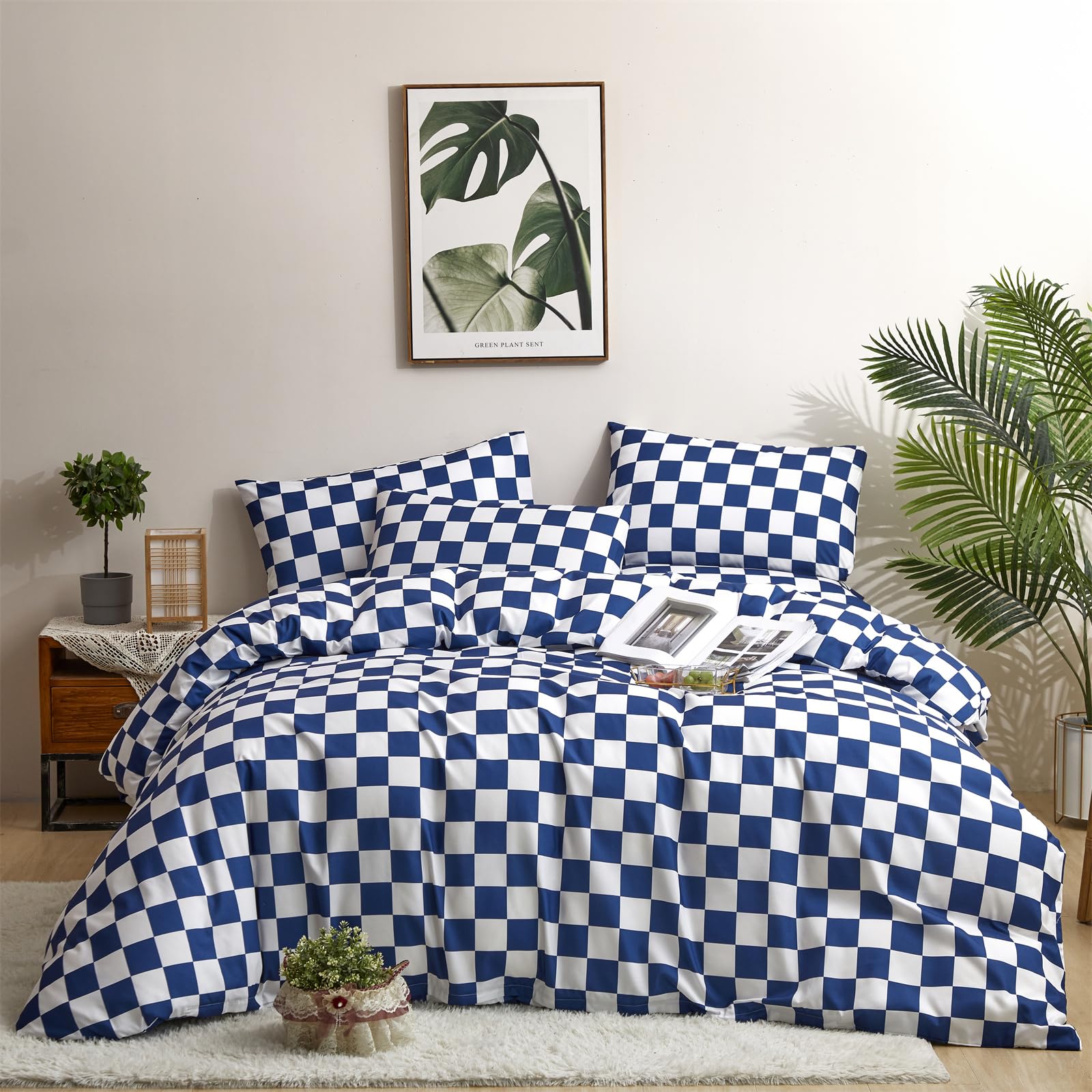 Clothknow Blue Plaid Queen Comforter Set 3Pcs Grid Bedding Comforter Sets Checkerboard Queen Comforter Royal Blue White Queen Size Comforter Sets