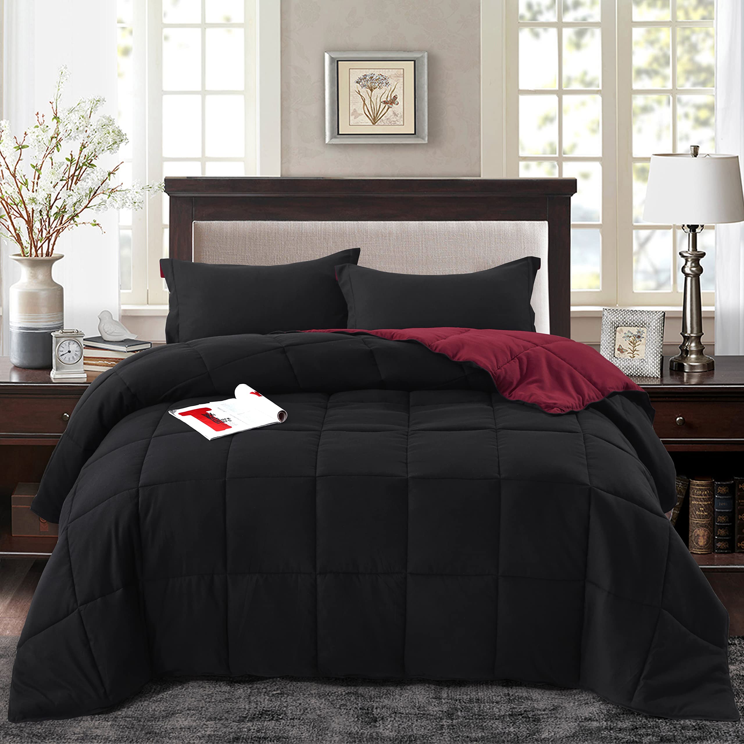Hig 3 Pieces Black California King Comforter Set, Modern Breathable Box Stitched Duvet Insert With 2 Shams, Soft Fluffy All Seas