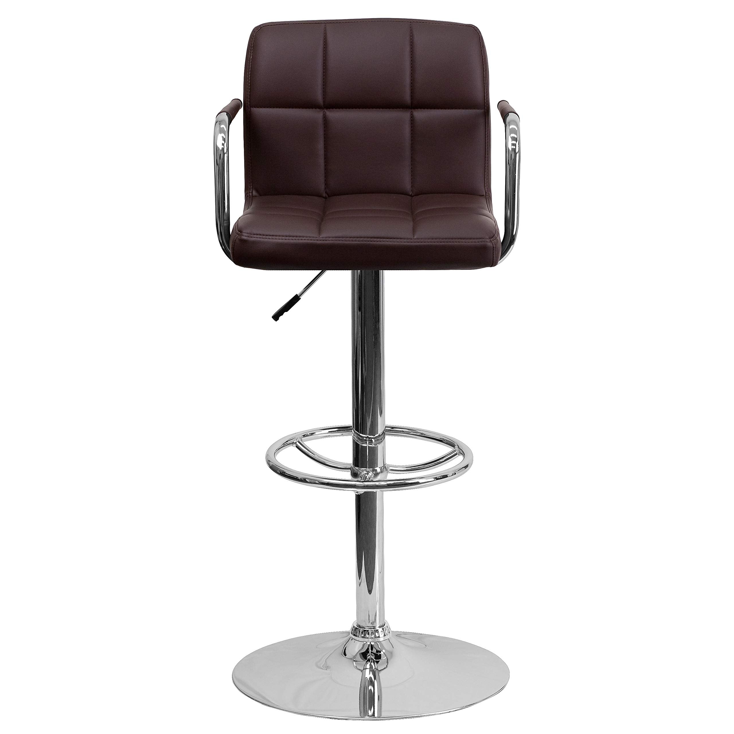 2 Pk. Brown Quilted Vinyl Adjustable Height Barstool with Arms and Chrome Base