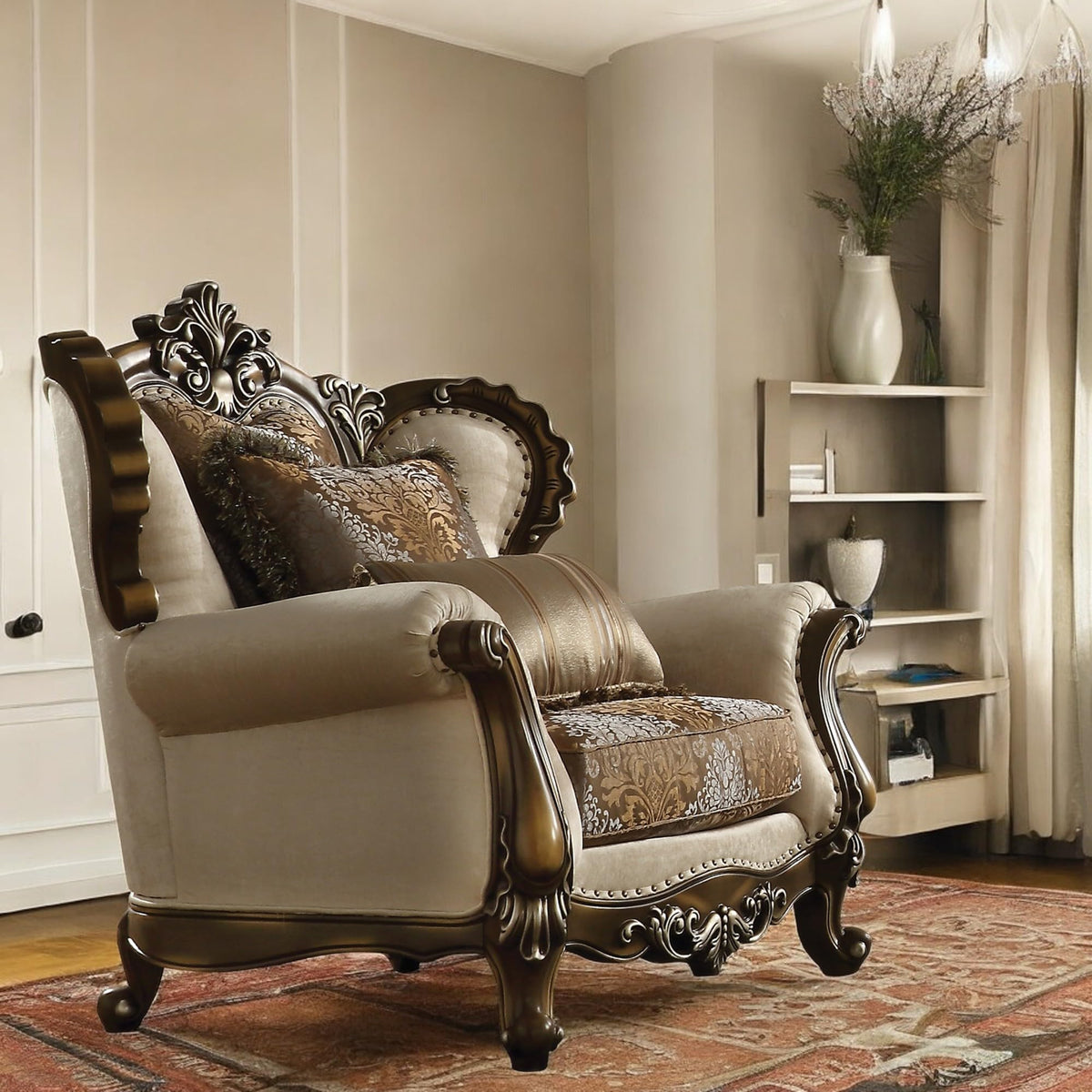 Acme Latisha Chair with Nailhead Trim in Tan Pattern Fabric and Antique Oak