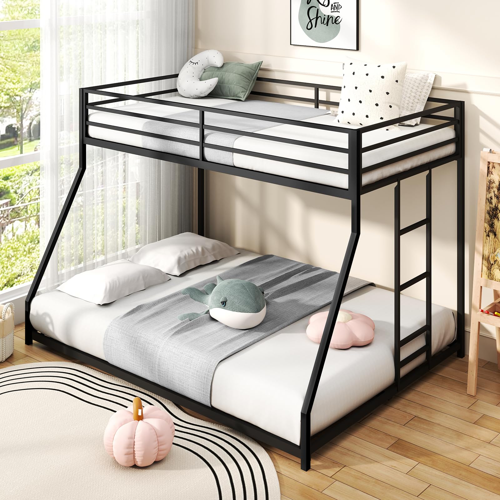 Zevemomo Twin Over Full Size Bunk Bed, Metal Low Profile Bunkbeds with Full-Length Guardrail and Ladder, Space Saving, No Boxing