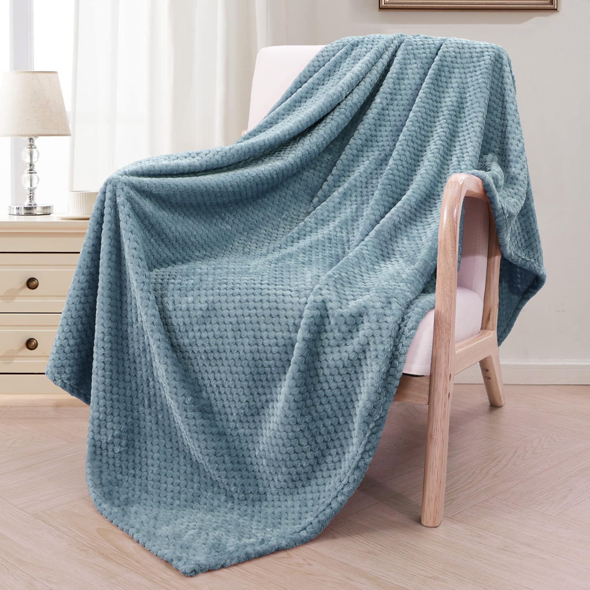 Exclusivo Mezcla Waffle Textured Slate Blue Fleece Blanket, Super Soft And Warm 50X70 Inches Throw Blanket For Couch, Cozy, Fuzz