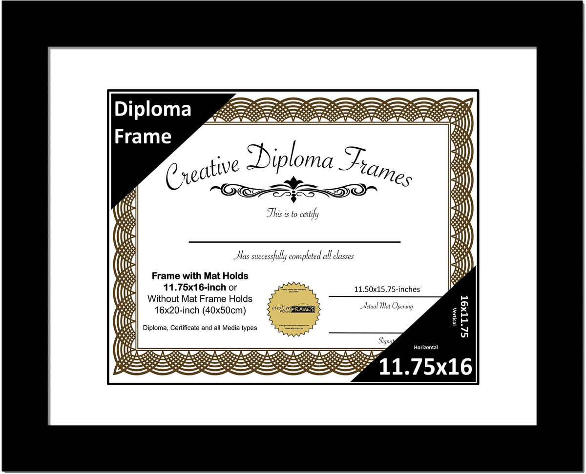 Creative Picture Frames 11.75x16 Classic Black Diploma Frame with White Mat Glass Easel and Installed Wall Hangers | Frame Holds