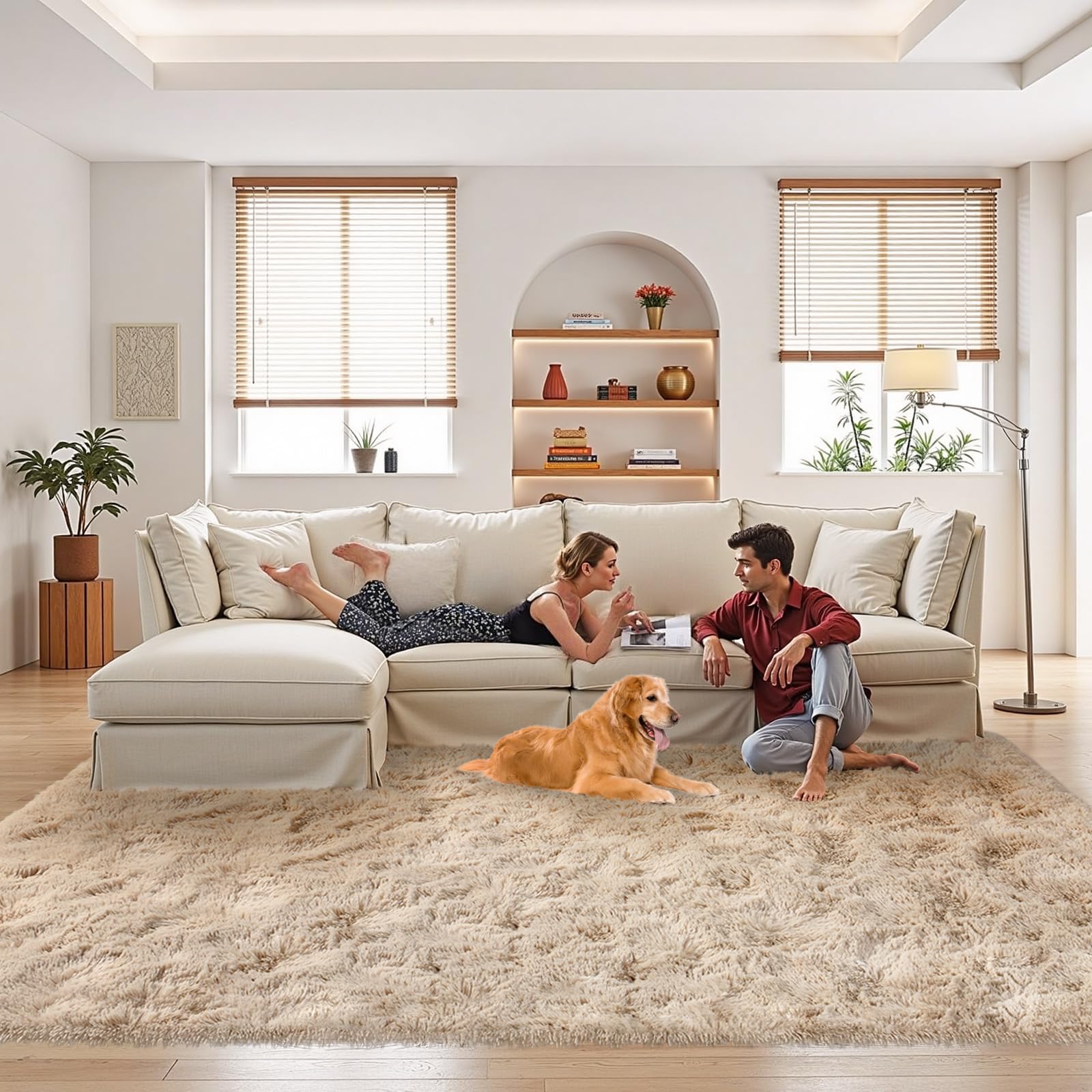 FinRec Soft Light Tan Rugs for Bedroom Living Room, 4x6 Feet Modern Indoor Fuzzy Shaggy Area Rug, Non-Slip Fluffy Furry Rug for