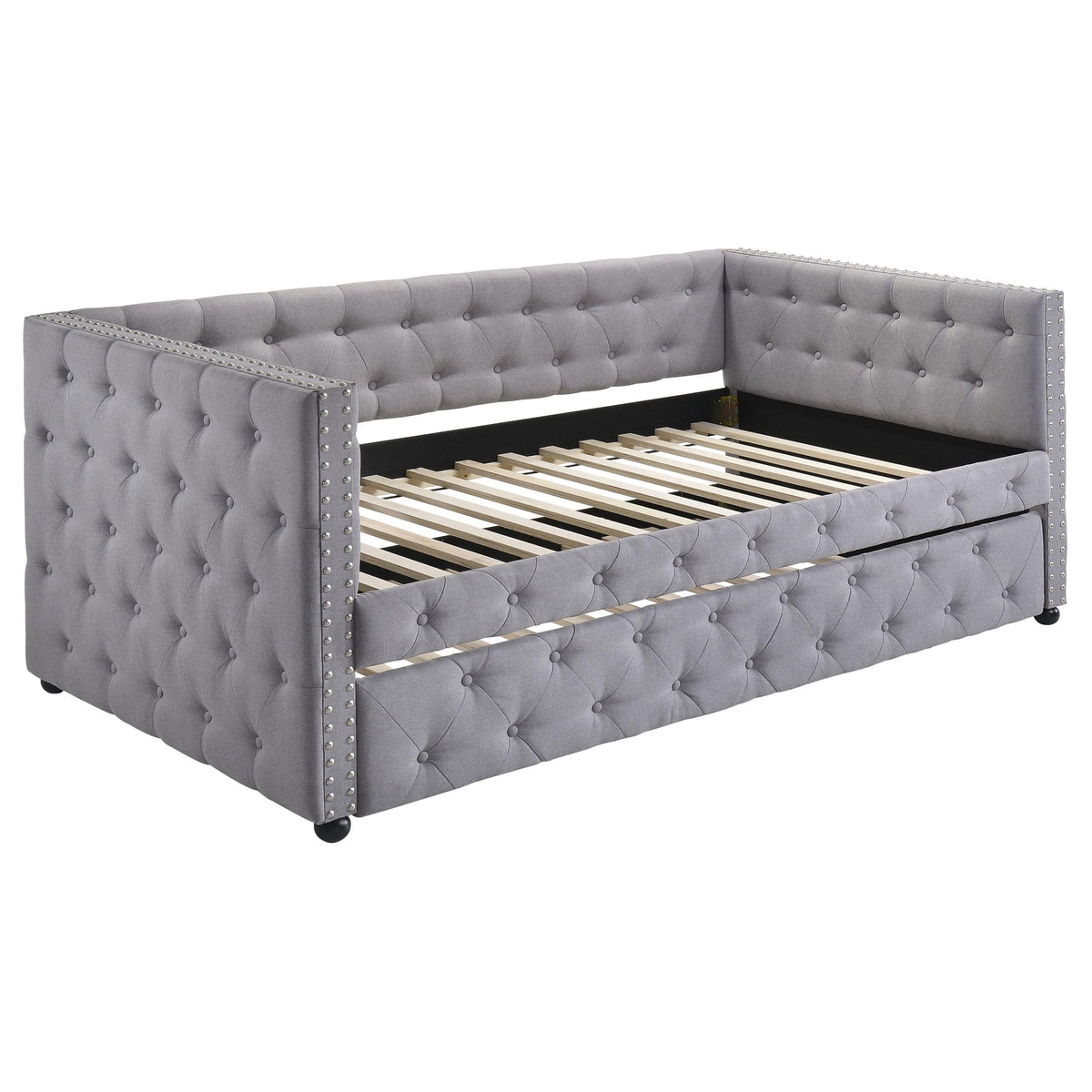 Coaster Home Furnishings Mockern Modern Classic Fabric Upholstered Twin Size Button Tufted Daybed with Trundle Bed for Guestroom 34-inch Headboard Bedroom Lounger Grey 302161