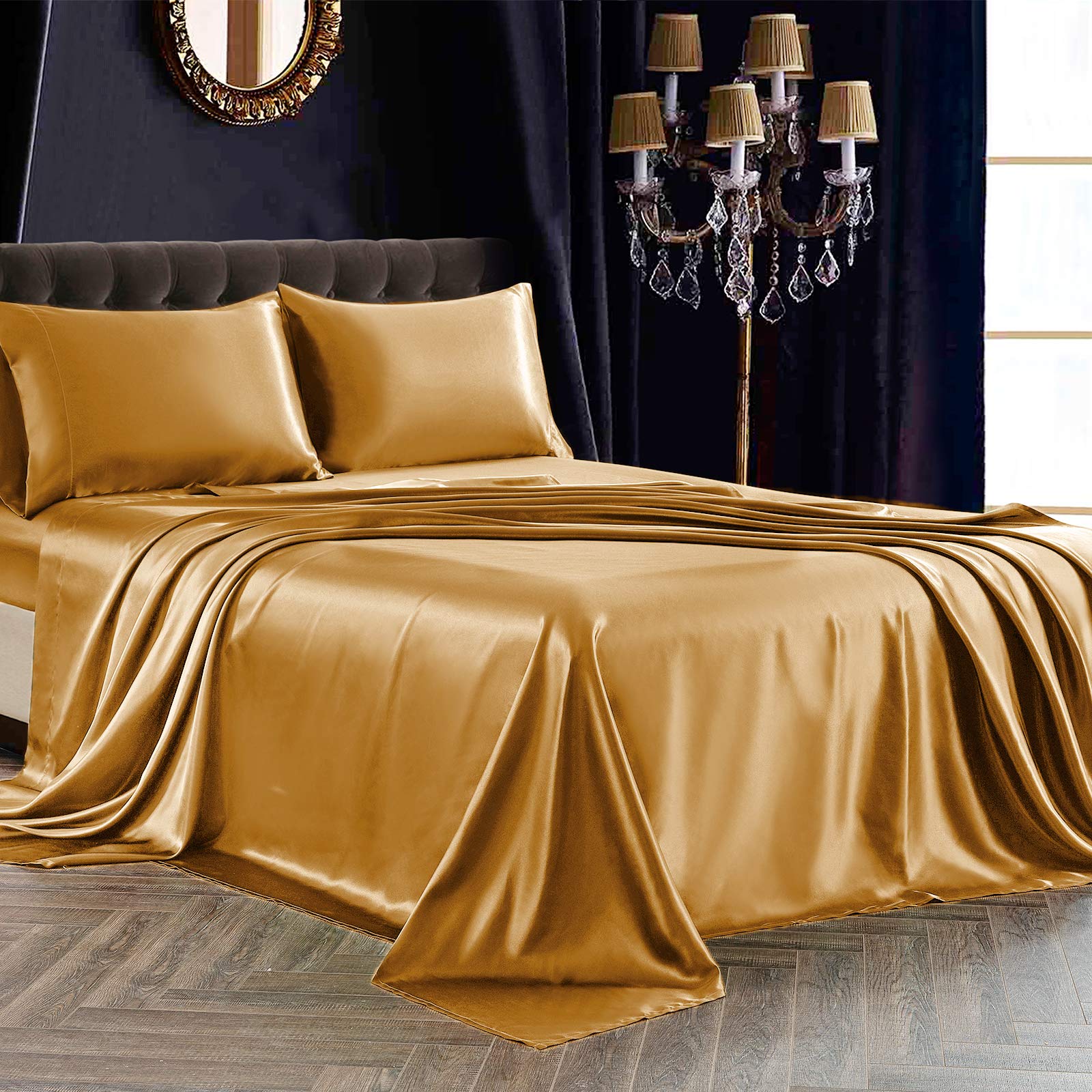 Siinvdabzx 3Pcs Satin Sheet Set Twin Size Ultra Silky Soft Gold Satin Twin Bed Sheets With Deep Pocket, 1 Fitted Sheet, 1 Flat S