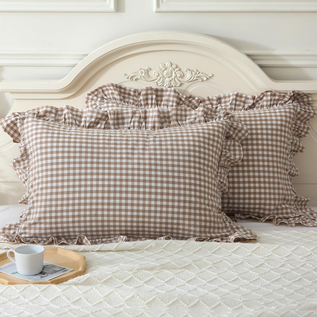Mywinlle Taupe/White Plaid Ruffle Pillowcases Farmhouse Queen Size Pillow Shams,Shabby Checkered Gingham Pillow Cases Washed Cot